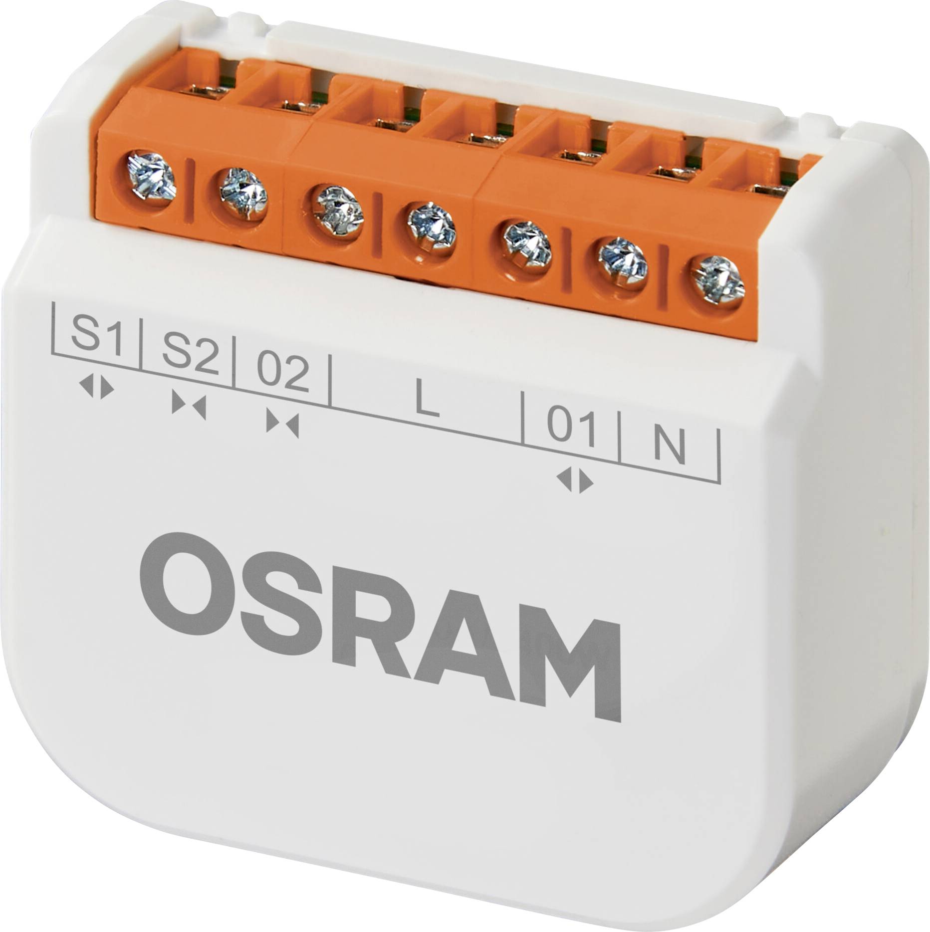 A compact white and orange smart switch labeled 'OSRAM' with visible electrical connectors and terminal labels (S1, S2, O2, L, O1, N).