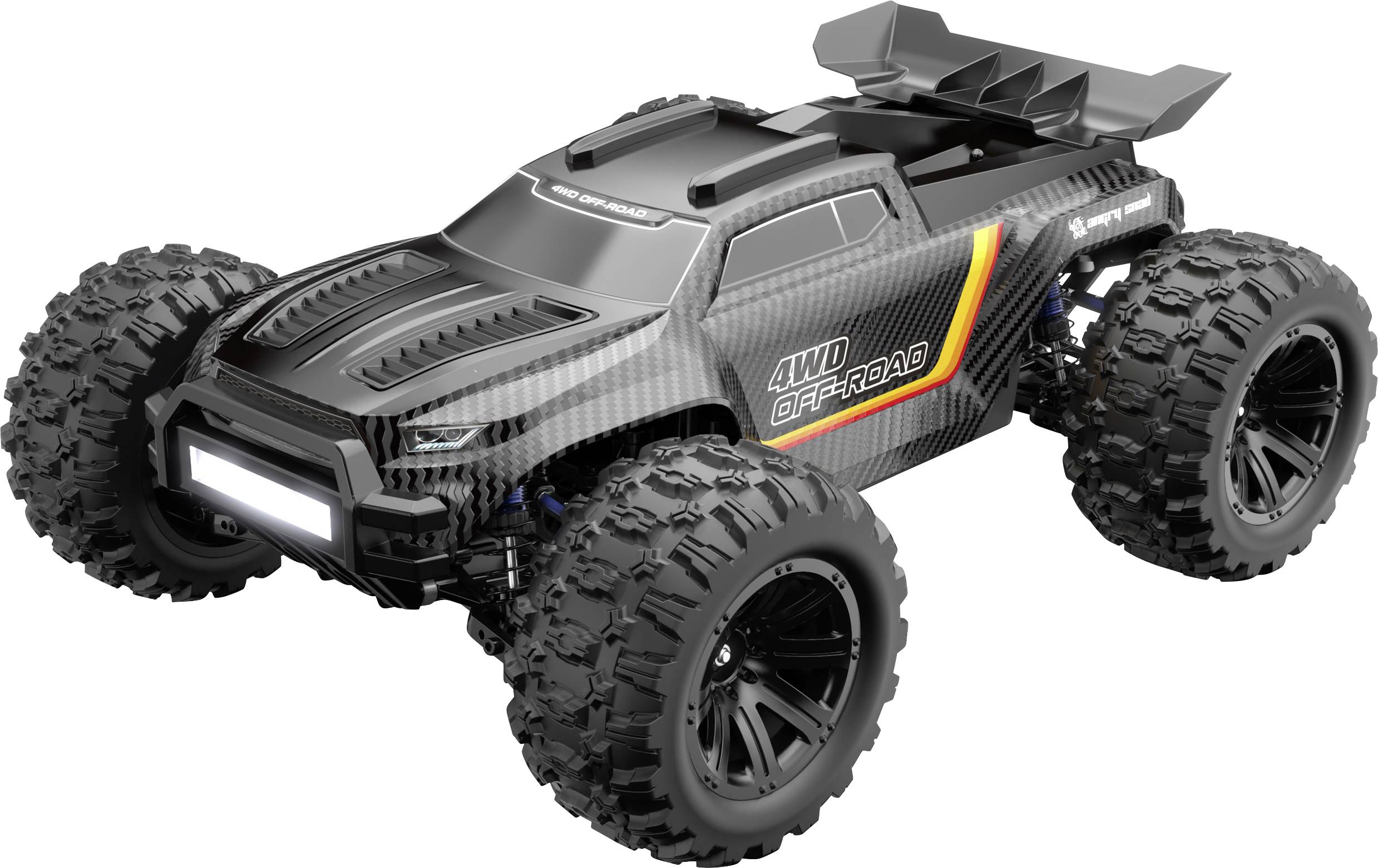 A black off-road remote control car with large, rugged tires and aerodynamic design. The car features '4WD Offroad' text on the side.