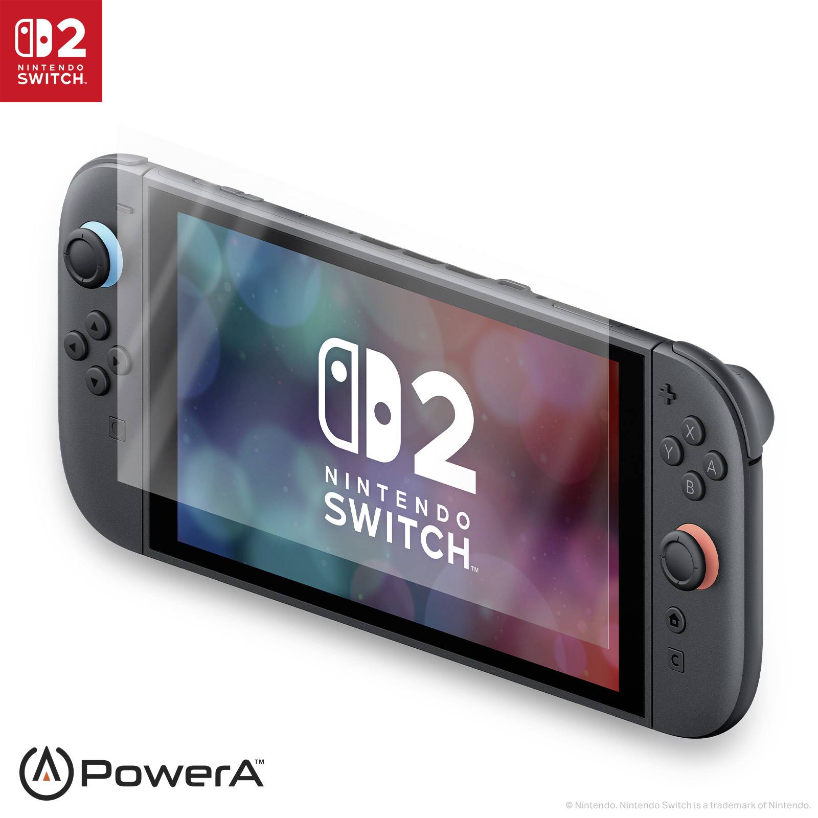 A Nintendo Switch console with a clear screen protector applied. The screen displays a colorful background with 'P2 Nintendo Switch' text.