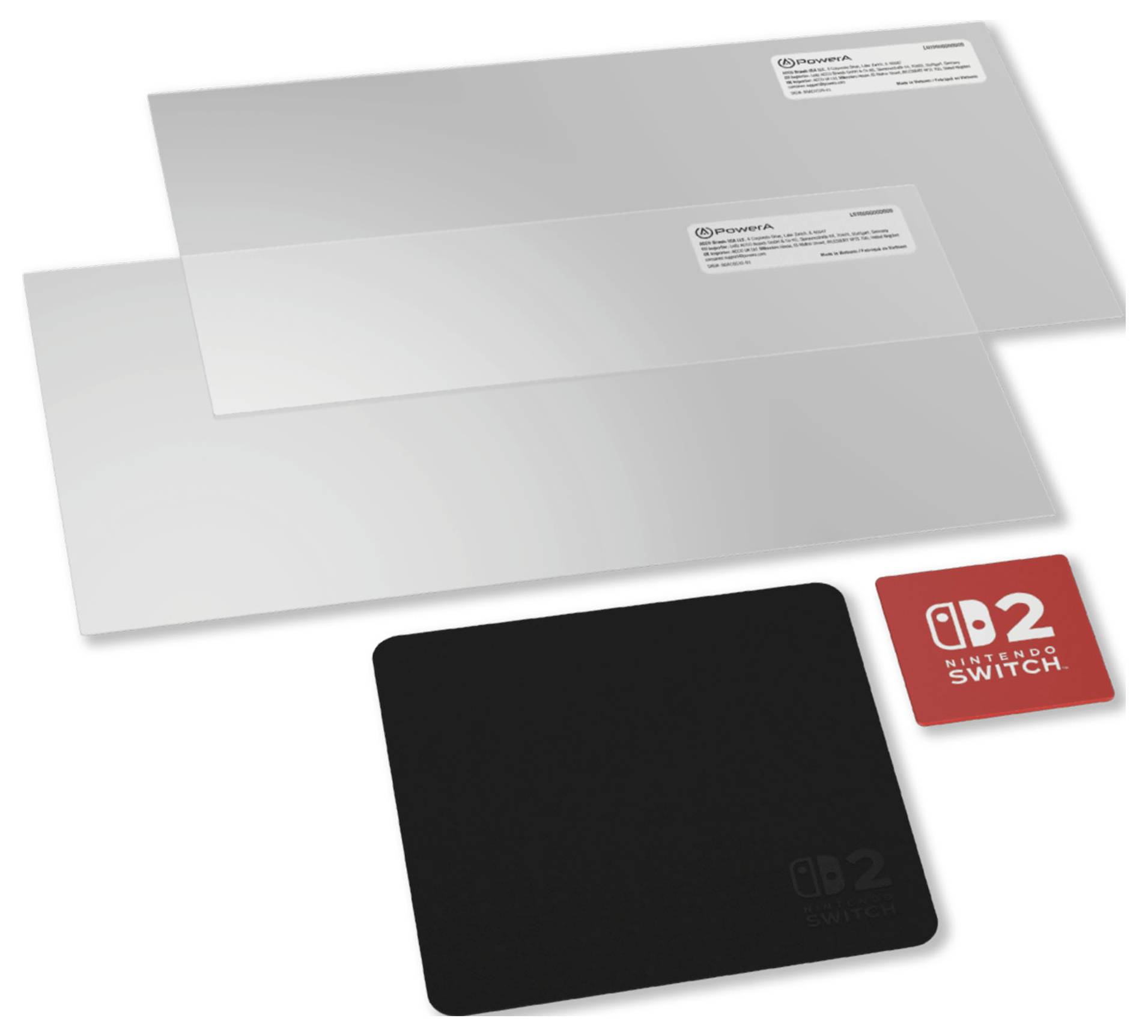Two screen protectors and a black rectangle designed for a Nintendo Switch, accompanied by a red and white logo card.