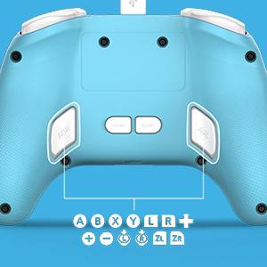 Blue gaming controller showing back buttons, top view. Labeled buttons include 'A', 'B', 'X', 'Y', 'L', 'R', and directional pad.