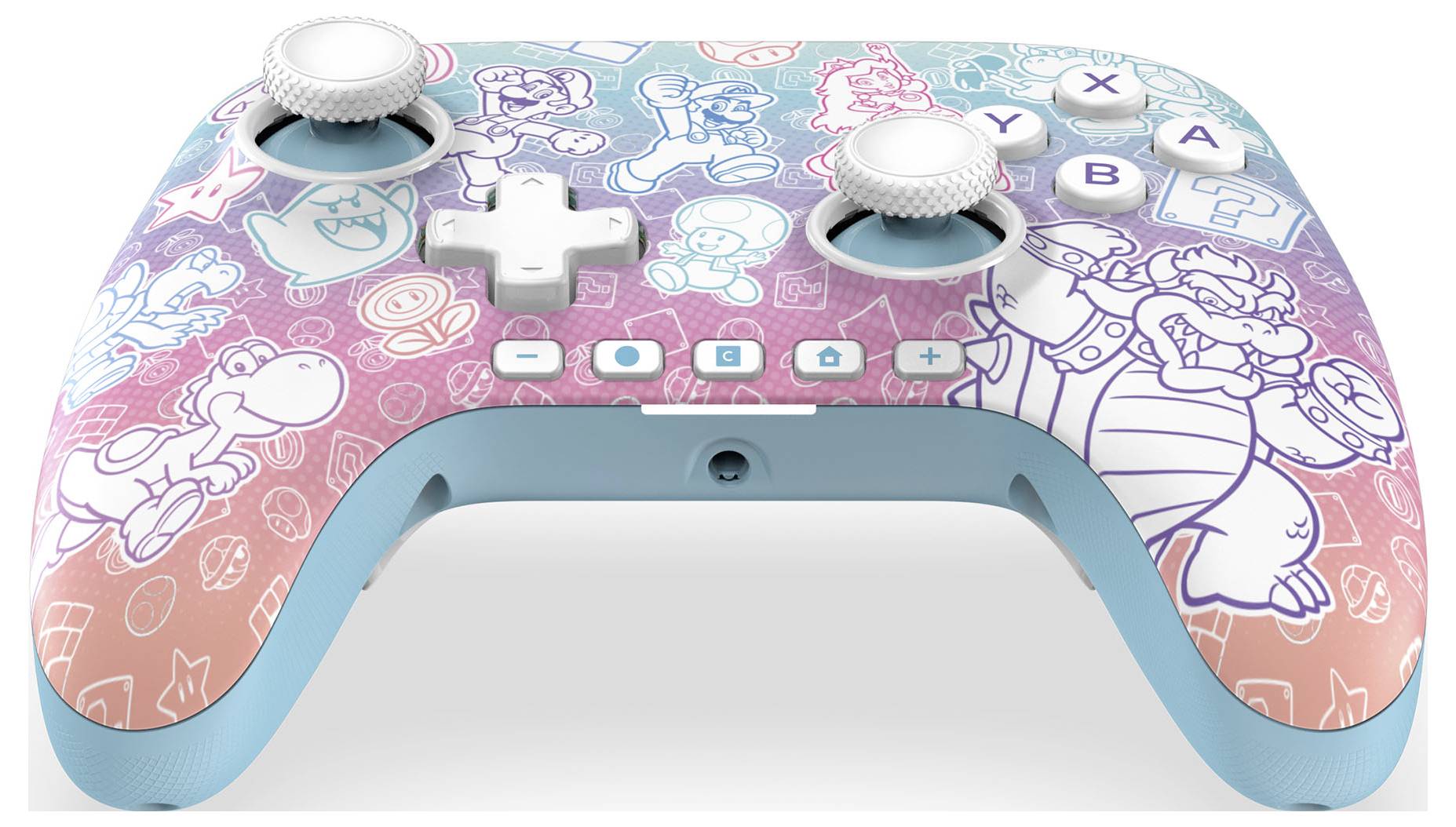 A pastel-colored video game controller featuring cartoon character designs and labeled buttons, including 'X', 'Y', 'A', and 'B'.