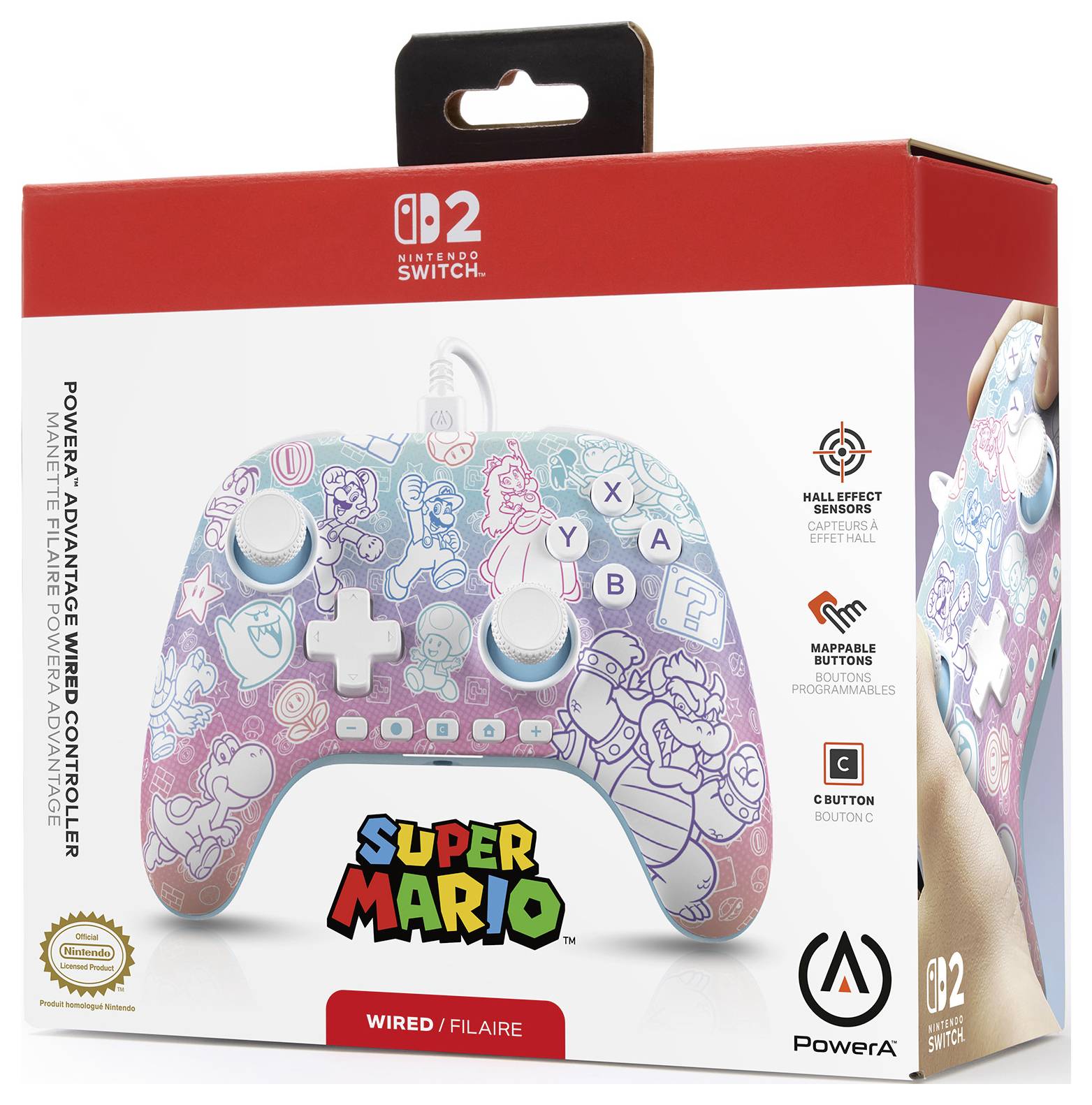 Nintendo Switch wired controller in 'Super Mario' theme box, highlighting 'Hall Effect Sensors' and 'Mappable Buttons'.