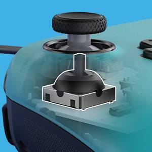 A close-up illustration of a gaming controller's thumbstick mechanism against a blue background, showing its internal structure.