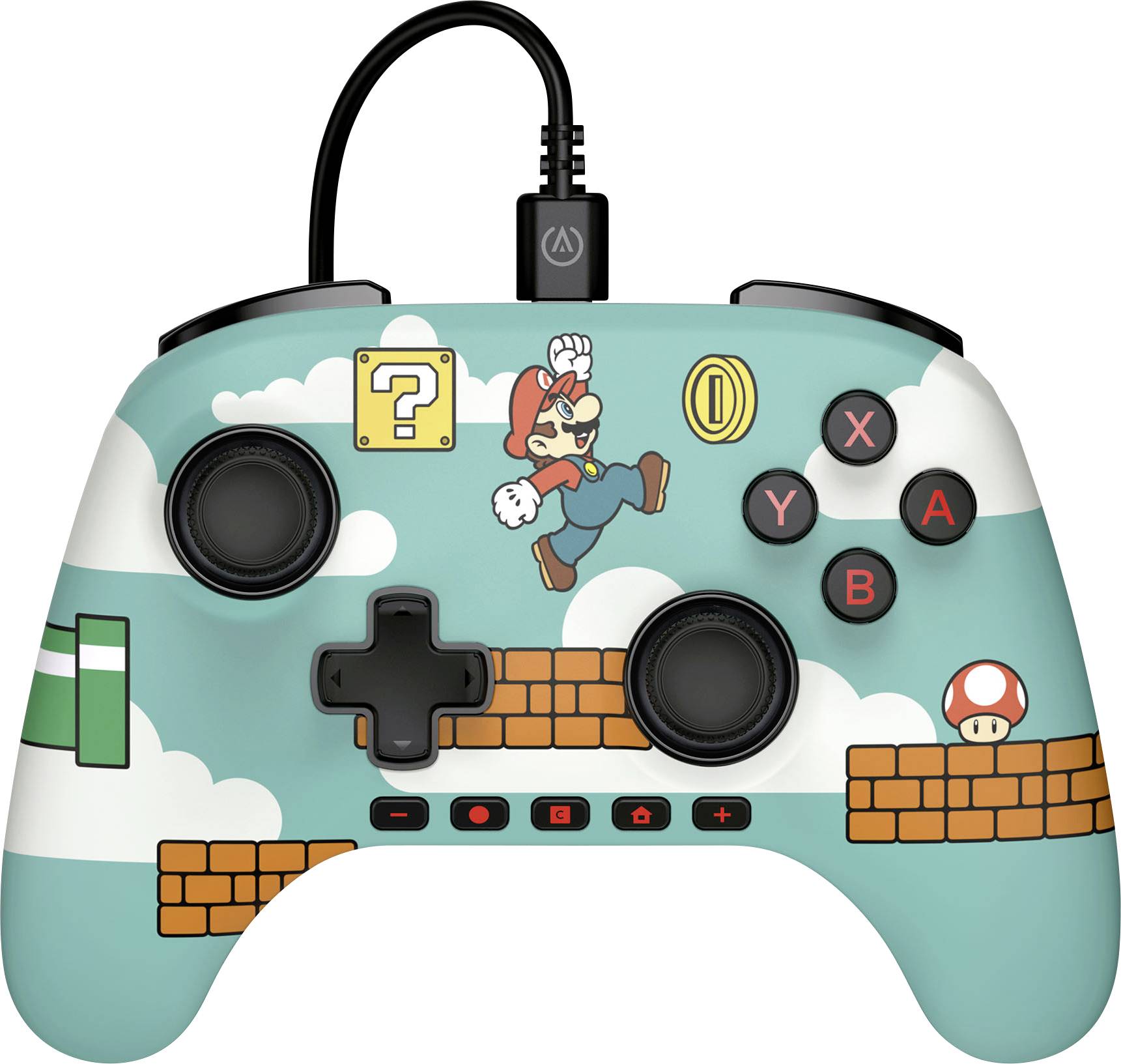 A video game controller featuring a design with a classic platform game theme, including iconic character art and in-game elements.