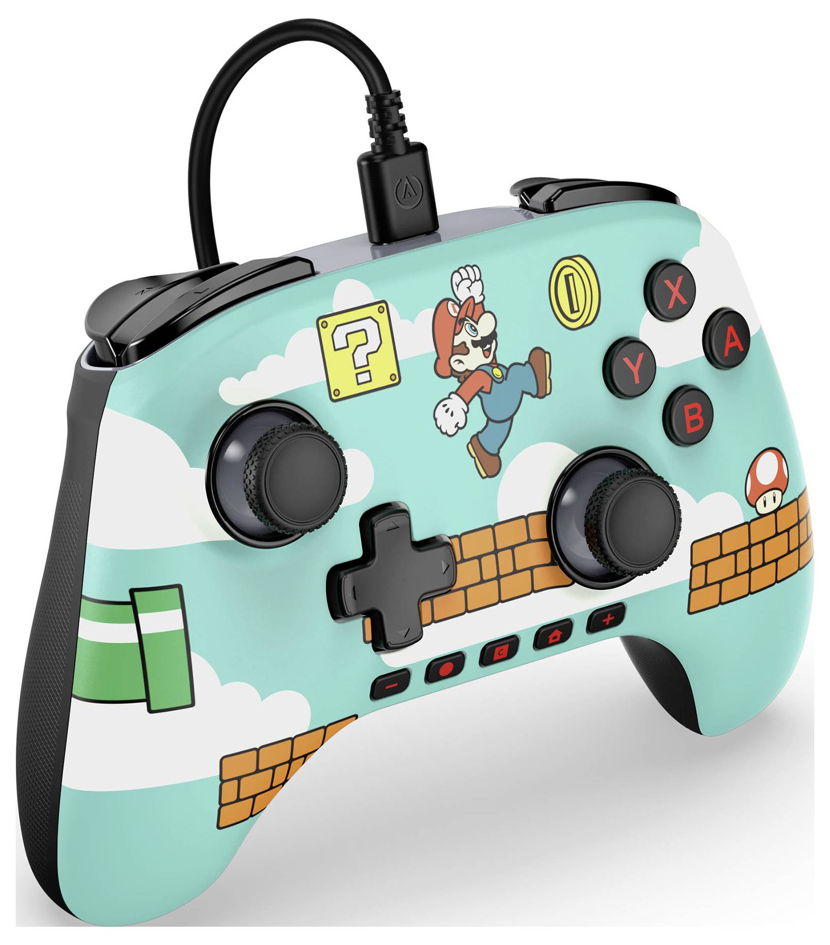 A gaming controller featuring a retro video game theme with a character jumping, blocks, and power-ups on a light blue background.
