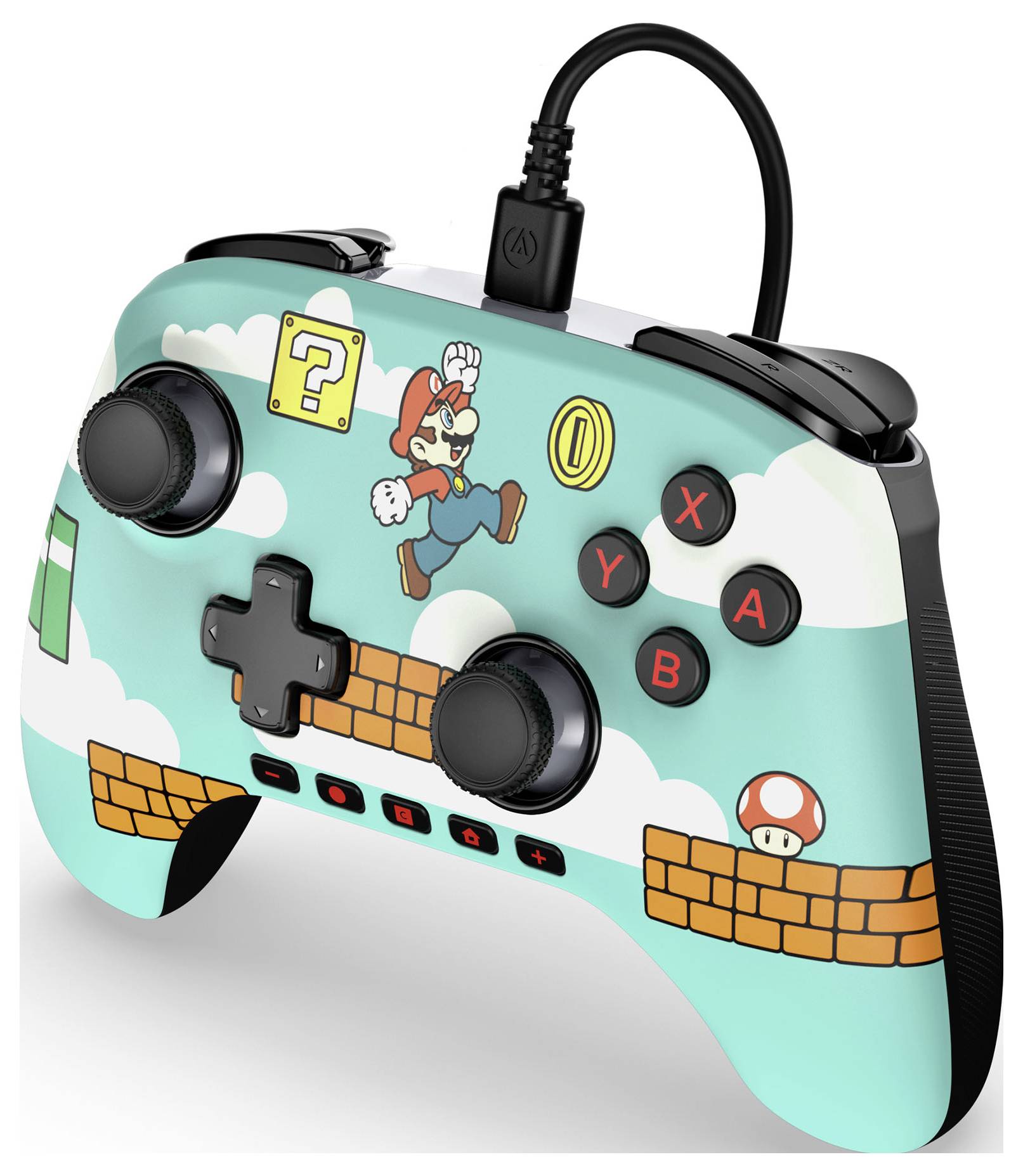 A gaming controller with a Super Mario theme, featuring Mario jumping, question block, coins, and a mushroom on a vibrant sky background.