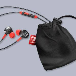 Nintendo Switch branded earbuds with red accents, volume control on the wire, and a black drawstring pouch.