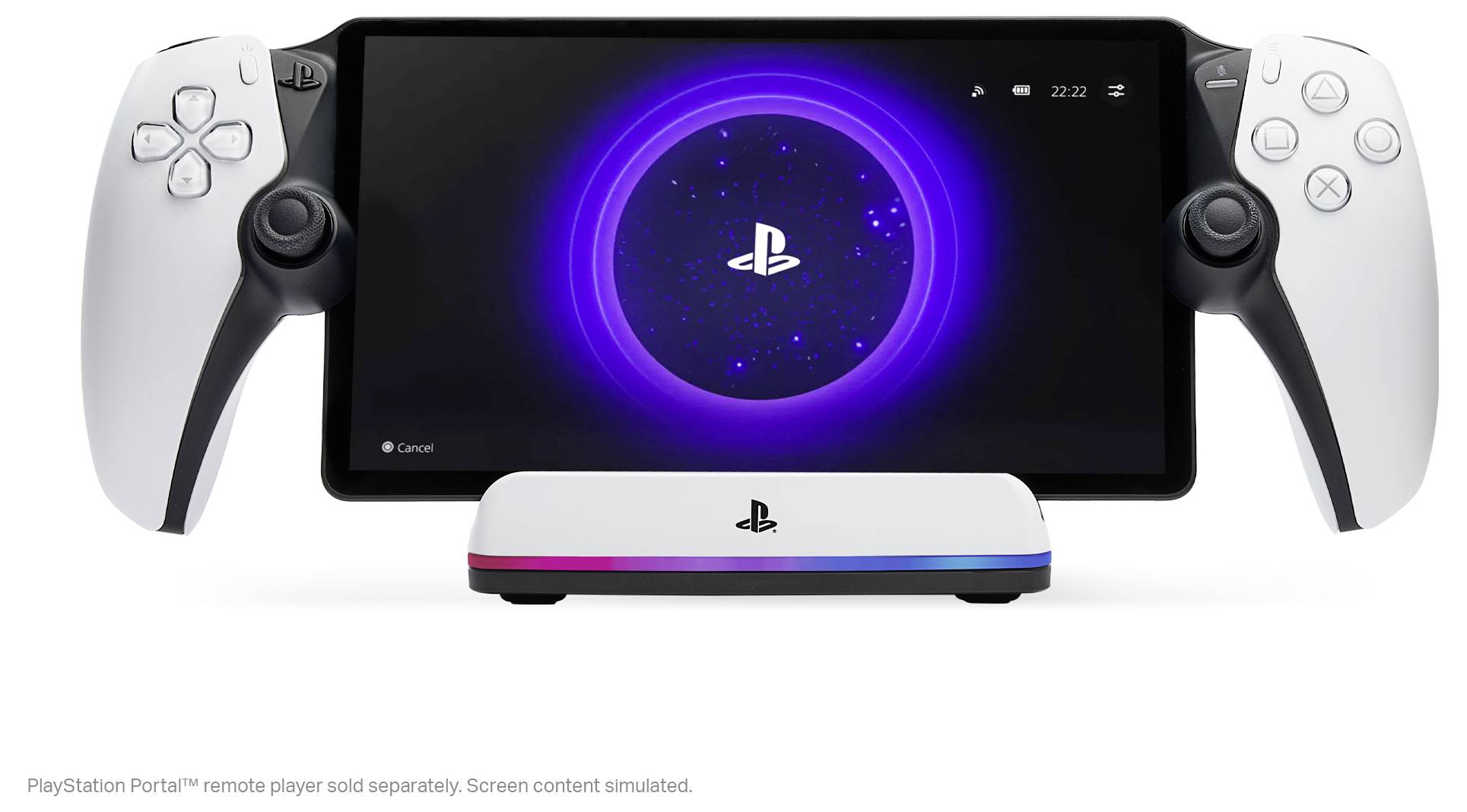 A handheld gaming device with a screen displaying the PlayStation logo, flanked by two detachable controllers.