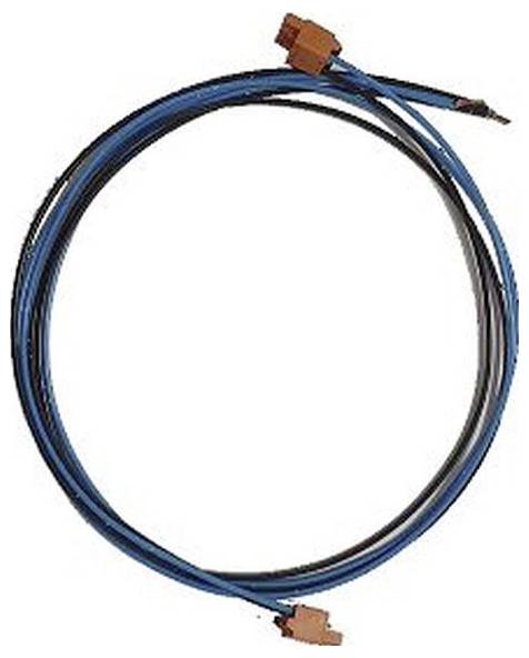 A coiled blue and black cable with brown connectors on each end.