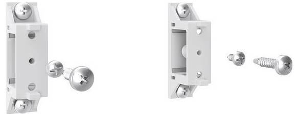 A step-by-step assembly illustration showing a hinge being connected to a surface using screws.