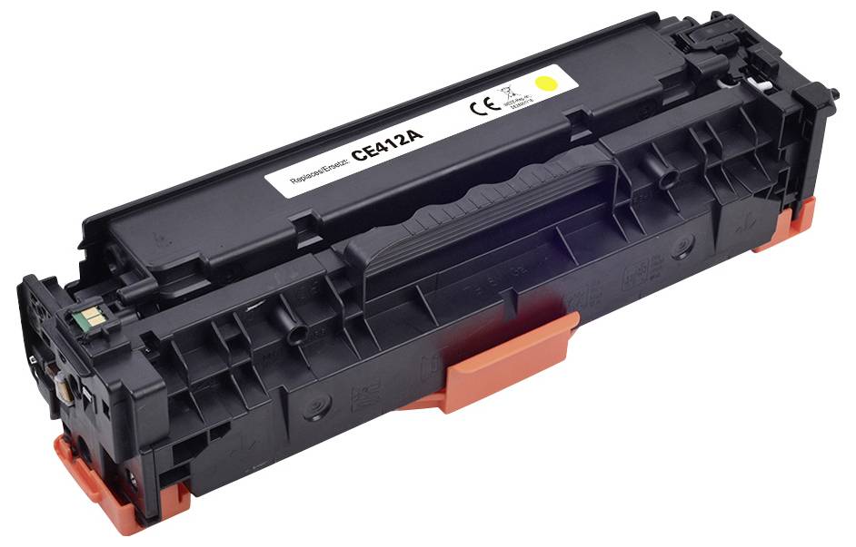 Black toner cartridge with orange protective covers, labeled 'CE412A', for laser printers.