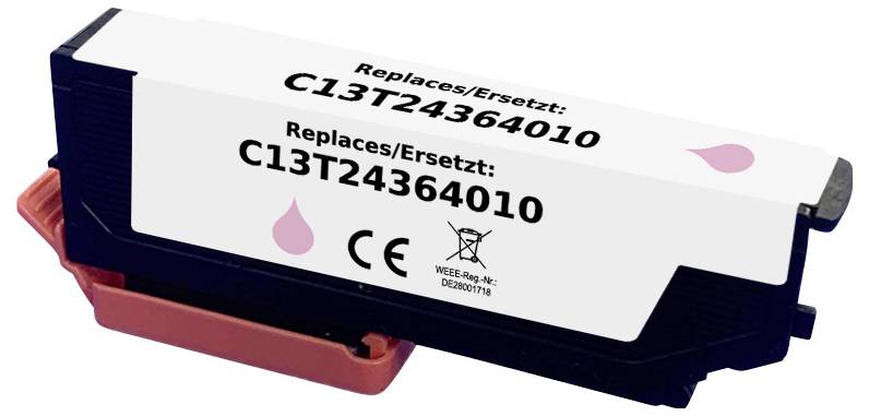 The image shows a black ink cartridge labeled 'Replaces/Ersetzt: C13T24364010' with symbols for CE compliance and recycling.