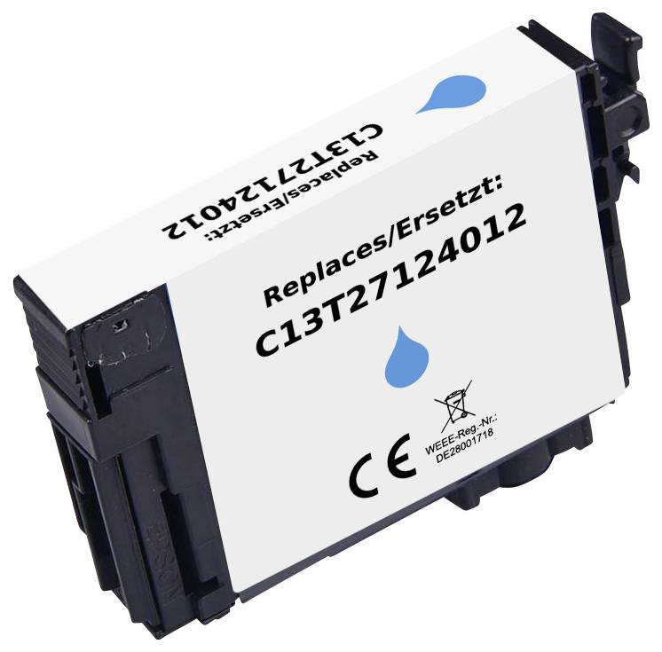 Black ink cartridge labeled 'Replaces/Ersetzt: C13T27124012' with a blue droplet icon and certification marks.