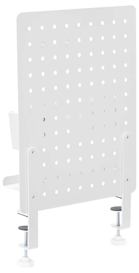 A white perforated panel with adjustable brackets mounted on a work surface, used for organizing and holding tools or equipment.