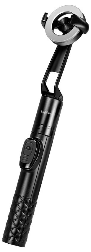 A black, handheld selfie stick with an adjustable phone holder and a built-in remote shutter button.