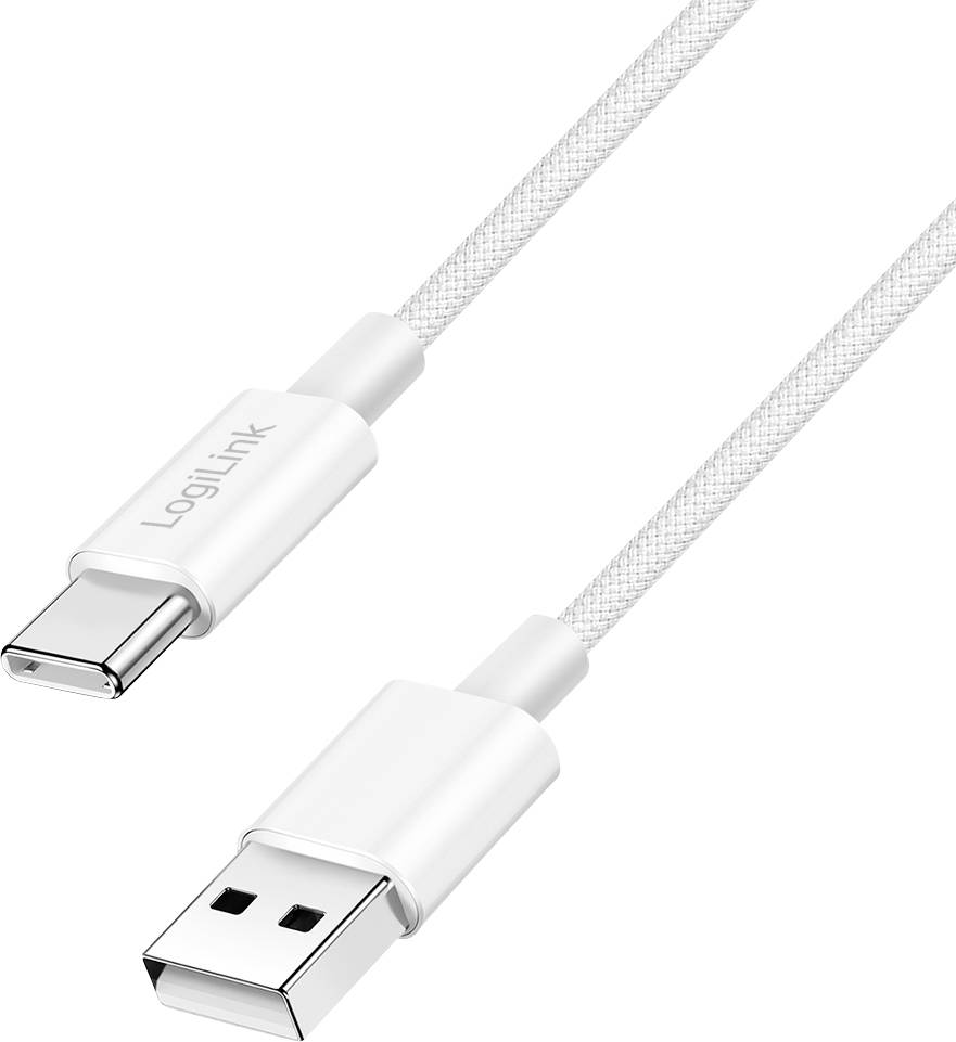 A white USB-C to USB-A cable with a braided design, showcasing the two connector ends.