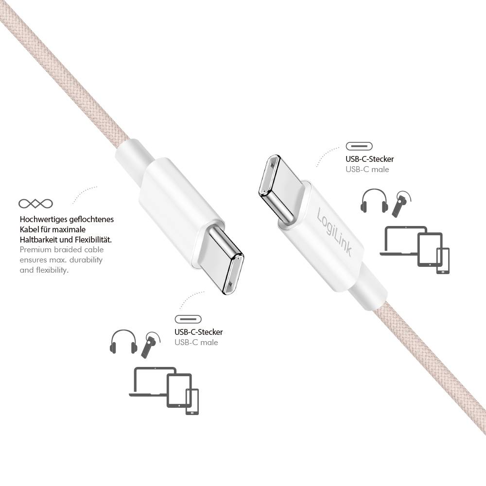 A USB-C cable with reversible connectors, featuring braided design for durability and flexibility. Compatible with headphones, tablets, and laptops.