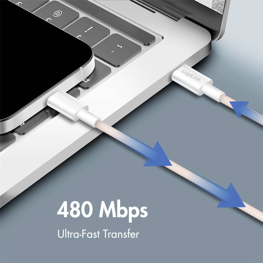 Phone connected to a laptop via a cable labeled 'LogiLink,' with text '480 Mbps Ultra-Fast Transfer' indicating data transfer speed.