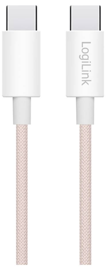 A pink braided USB-C to USB-C charging cable with white connectors.