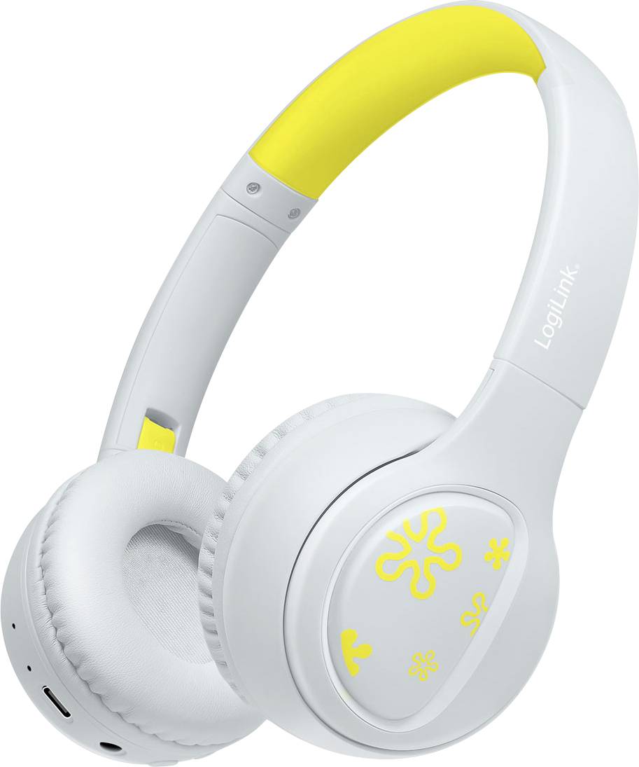 White and yellow LogiLink over-ear headphones with a floral pattern on the ear cups.