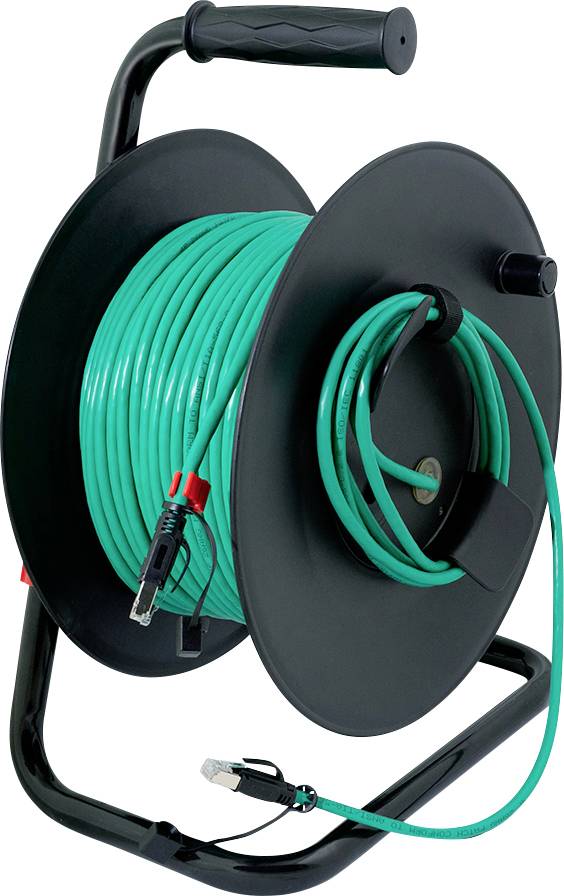 A black cable reel with a green cable neatly wound around it. The cable ends with a plug and a socket, suitable for electrical connections.