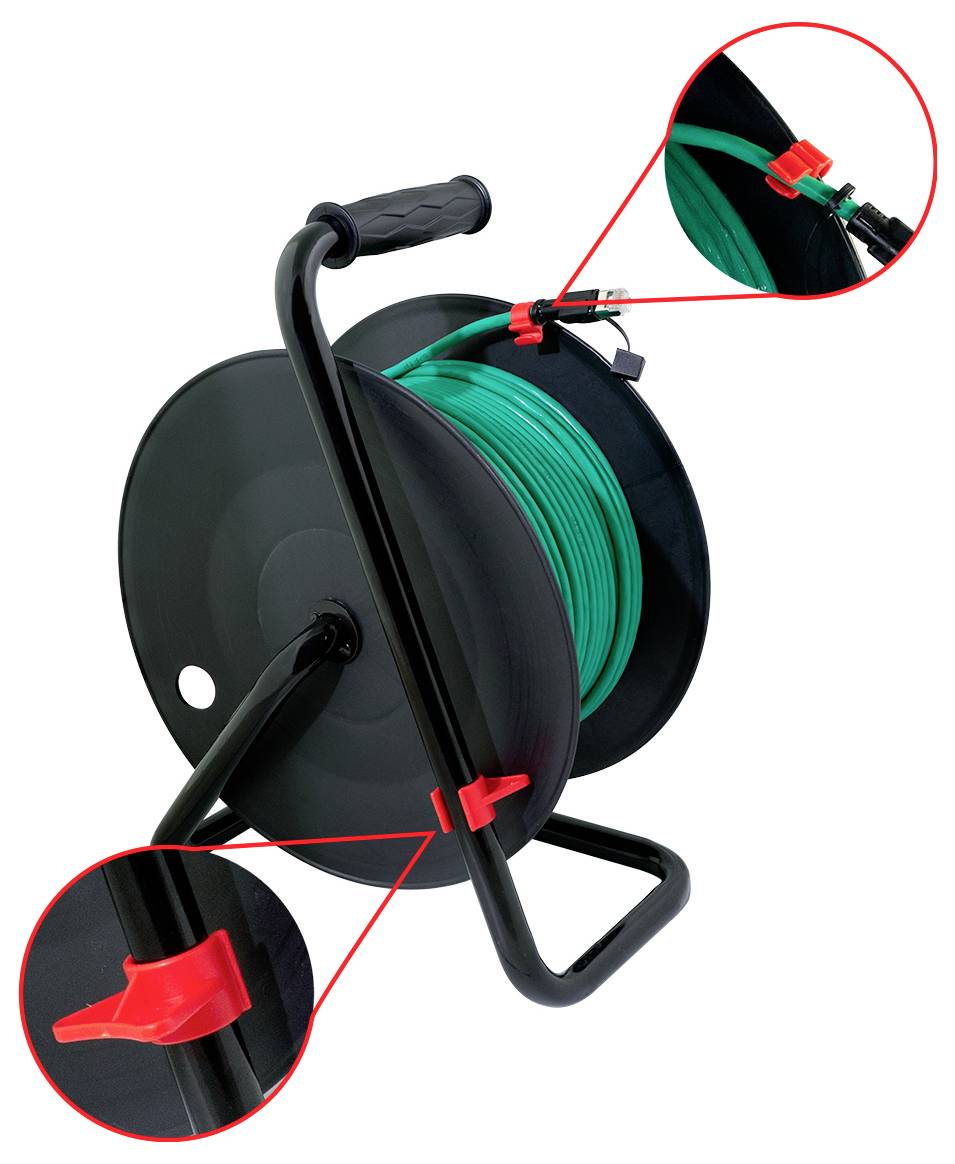 A black hose reel with a crank handle, holding a green hose. Red close-ups highlight the hose connector and the locking mechanism.