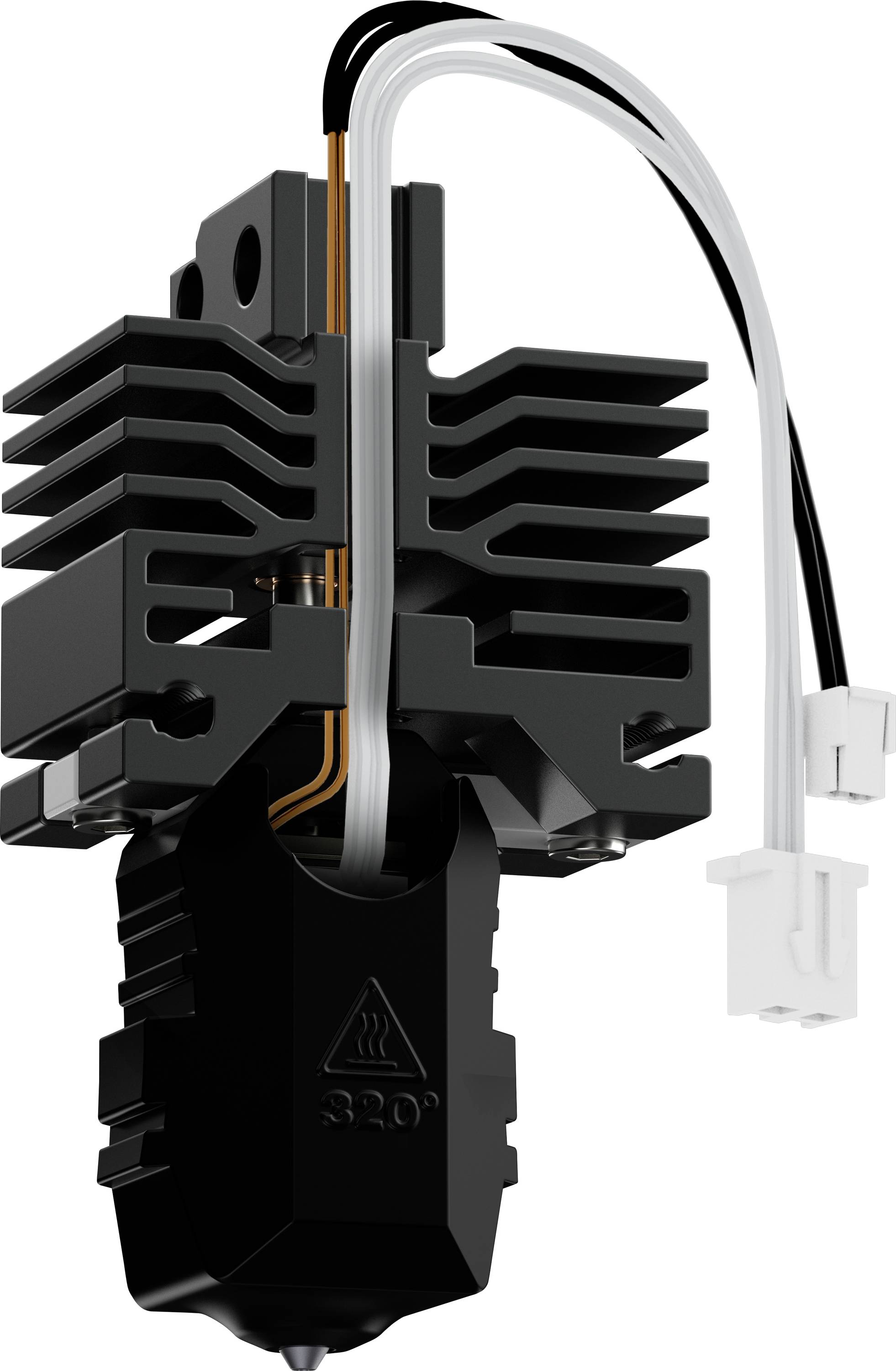 A 3D printer extruder with multiple fins and wires, designed to heat and deposit filament.