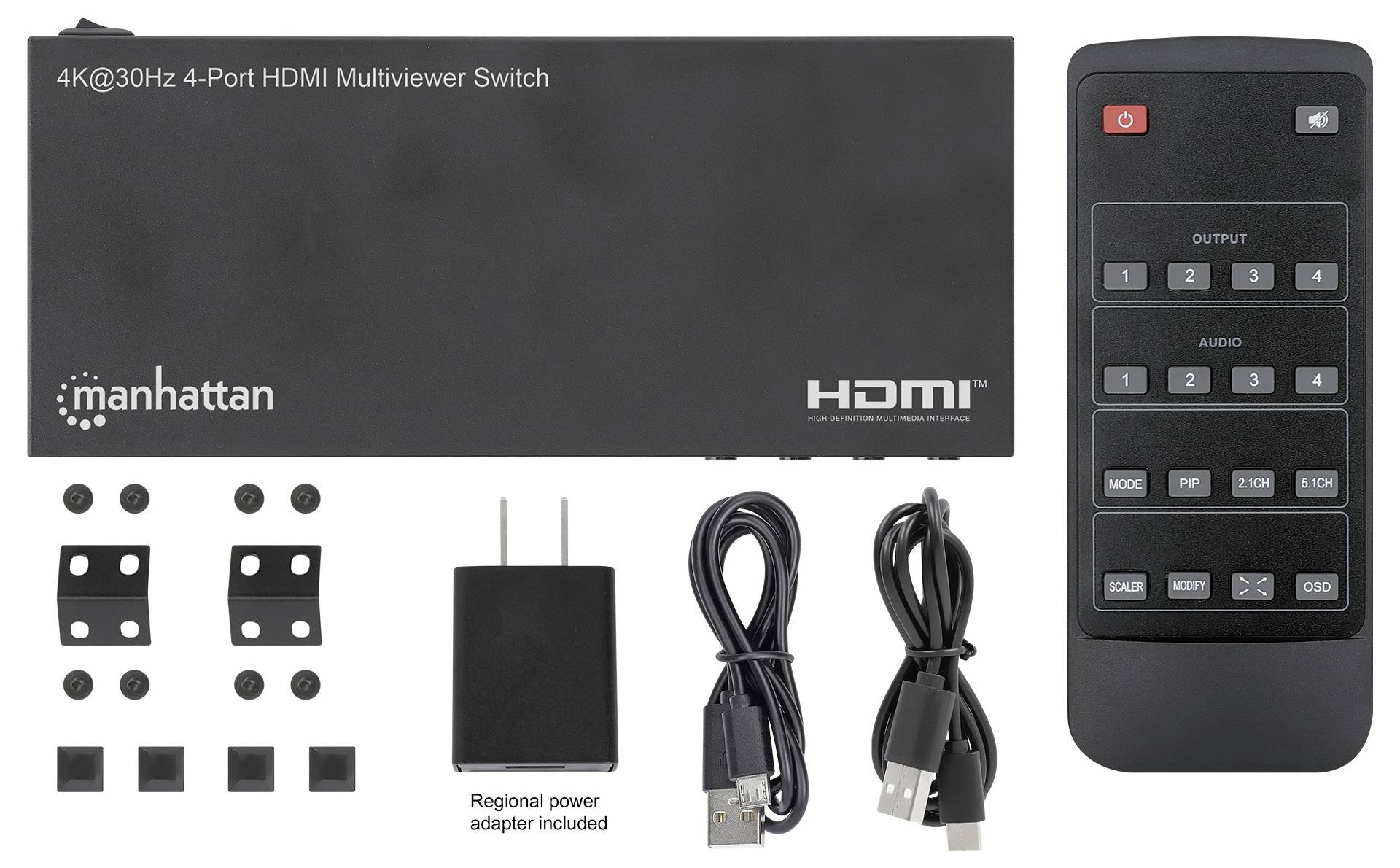 A 4K 4-Port HDMI Multiviewer Switch with remote control, two USB cables, a regional power adapter, and mounting hardware.