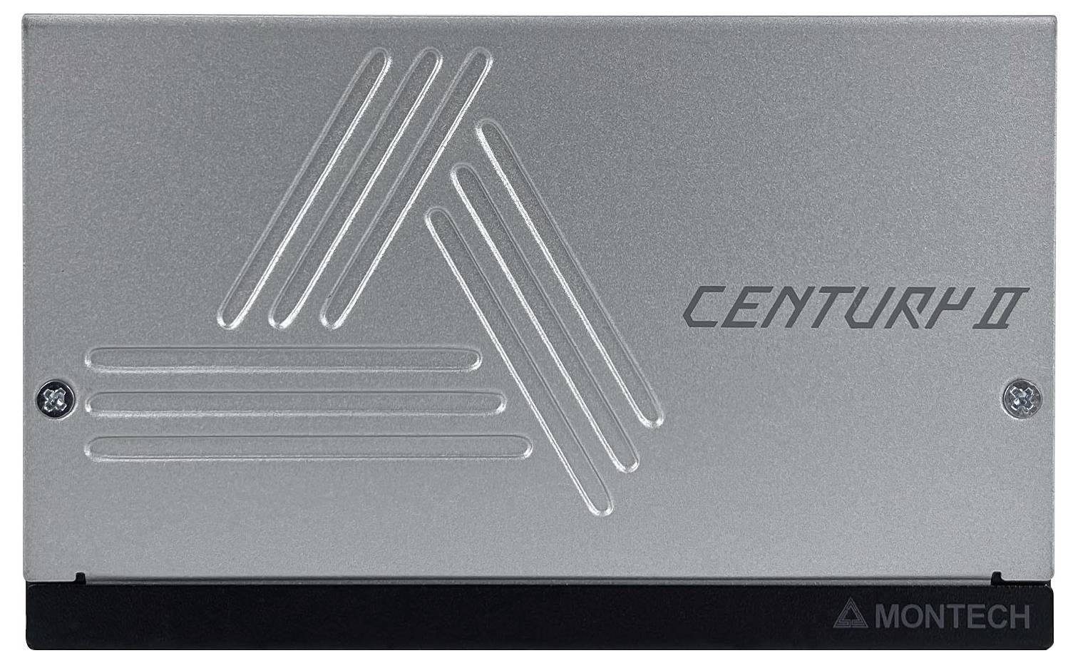 Silver and black Montech Century II computer component with geometric design and logo, featuring a minimalist industrial aesthetic.