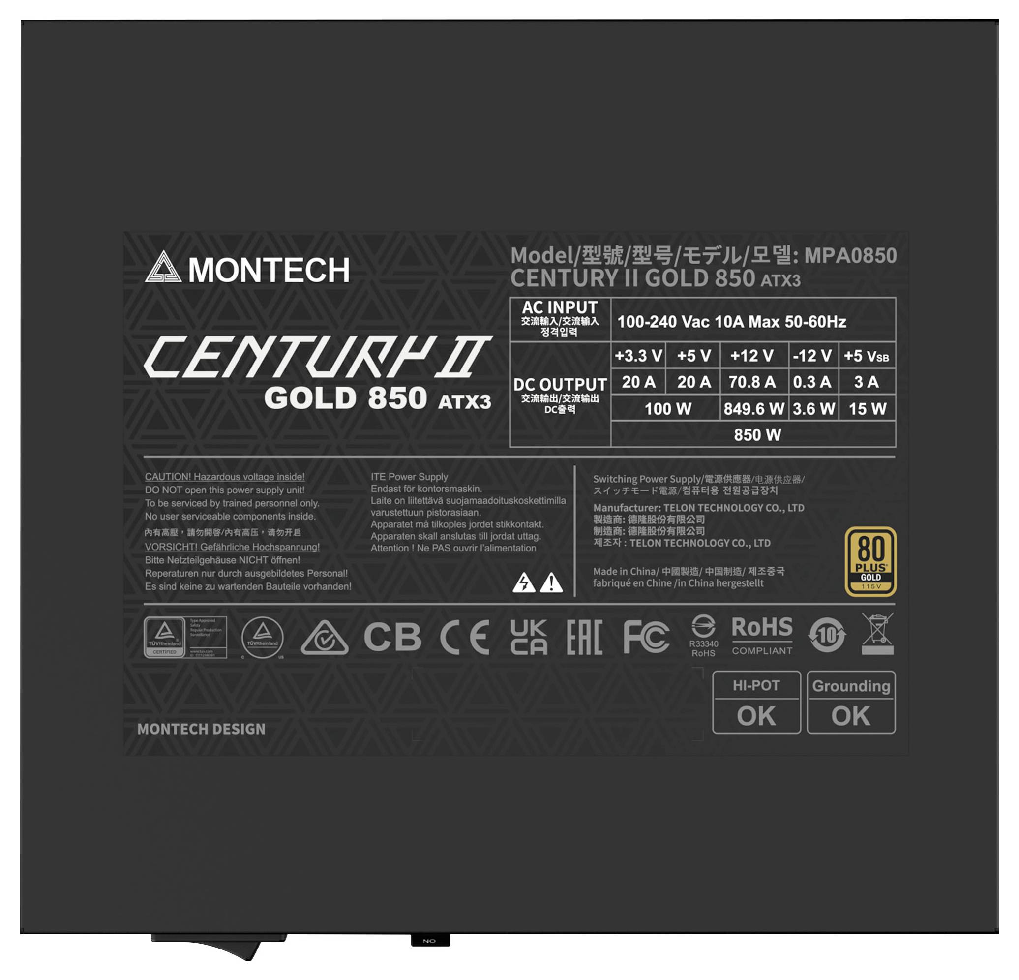 Montech Century II Gold 850W power supply, showing label with model number, input/output specifications, certifications, and 80 Plus Gold efficiency rating.