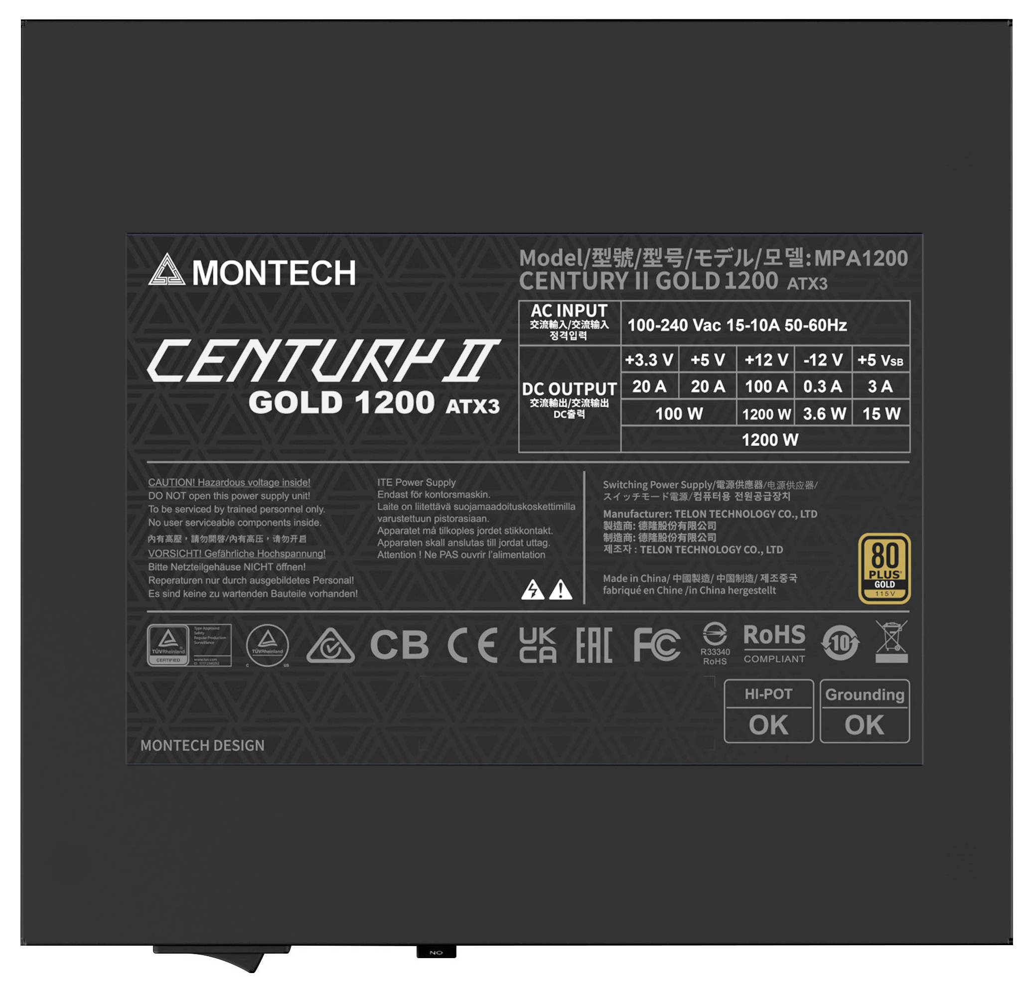 Montech Century II Gold 1200W power supply features model number MPA1200, with 80 Plus Gold certification and full-modular design.