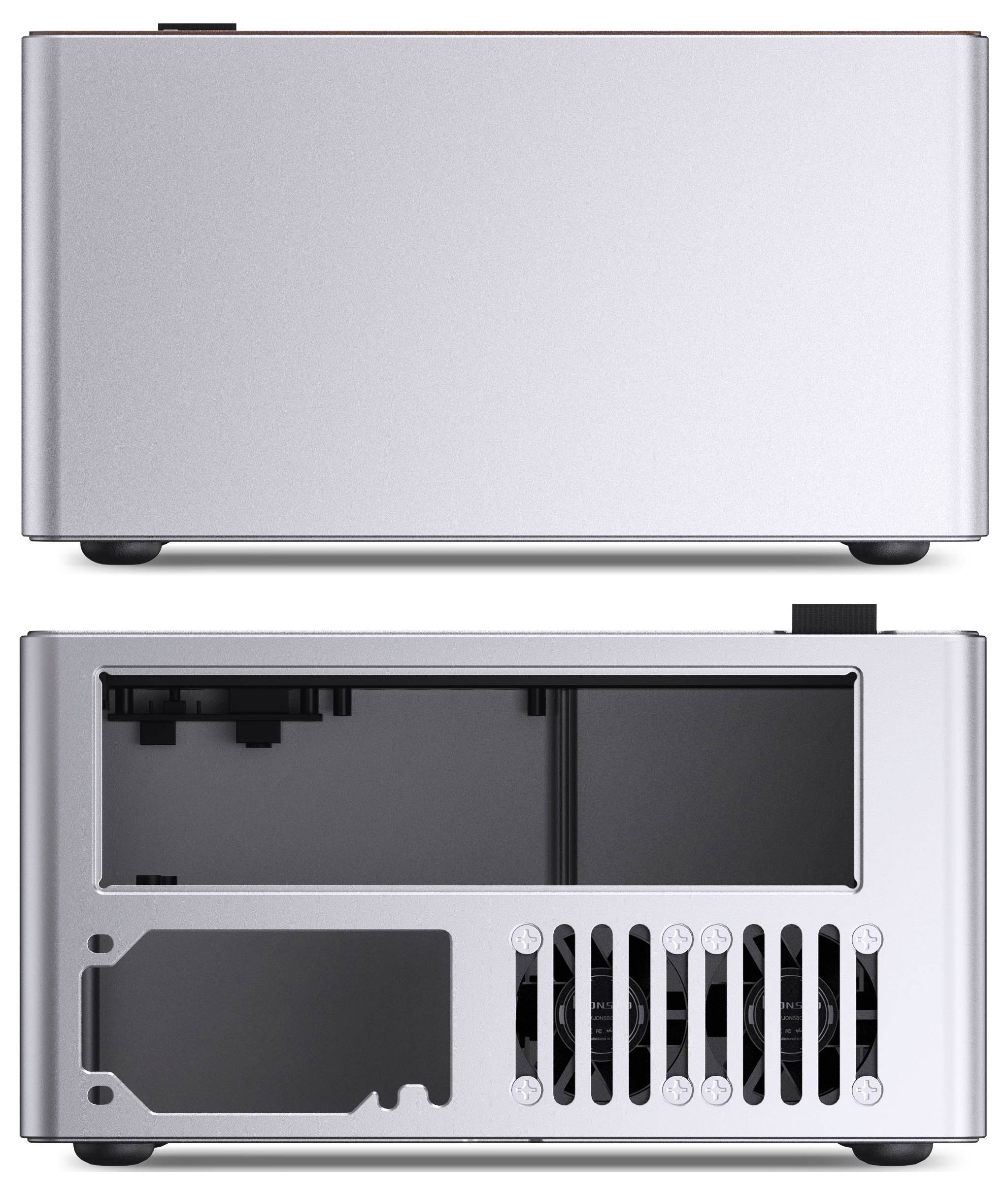 A compact, minimalist computer case shown from outside, displaying a smooth metallic finish, alongside an interior view revealing cooling fans.