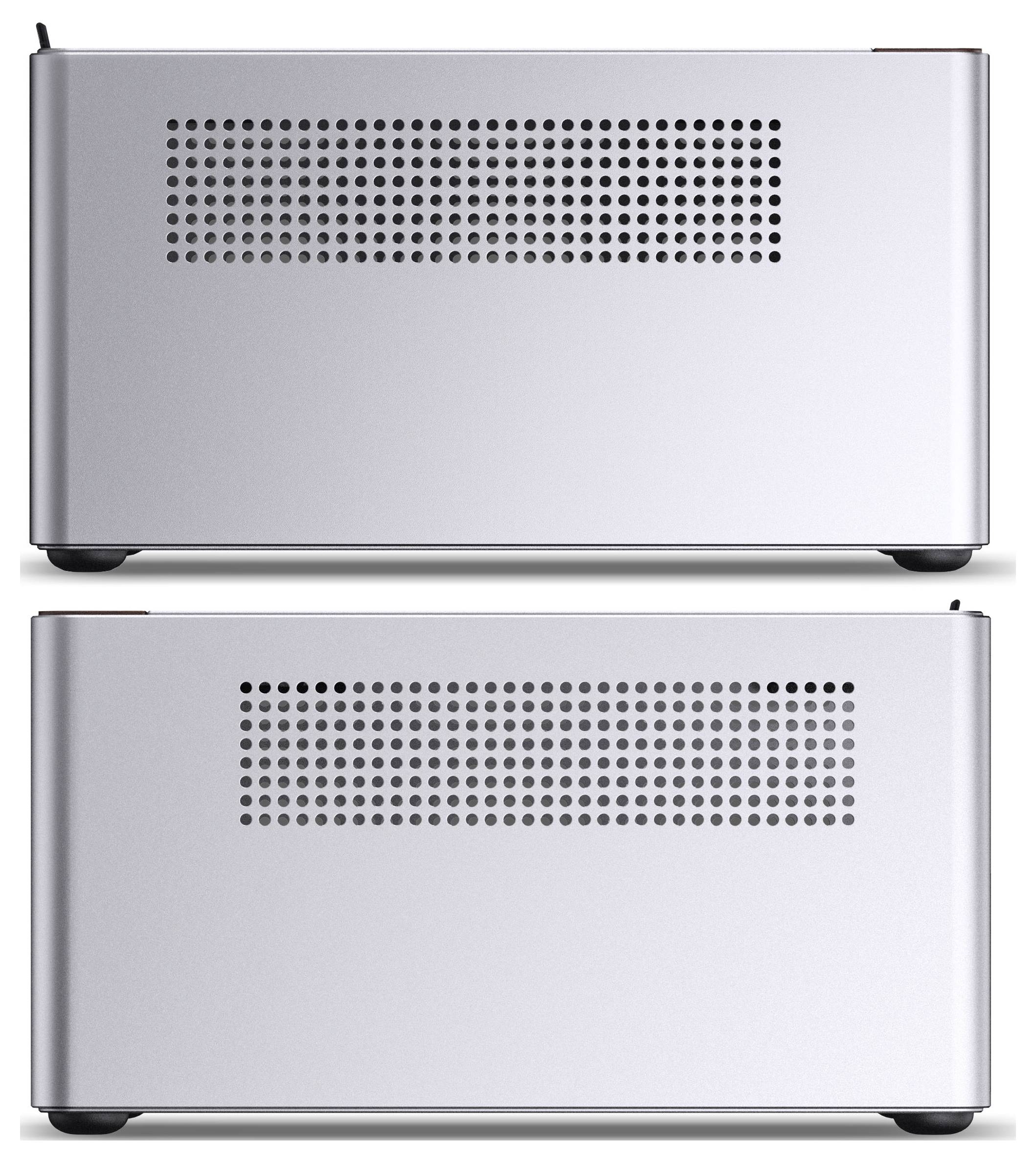 Two views of a silver computer case with ventilation holes on the side. The case is sleek and minimalistic in design.