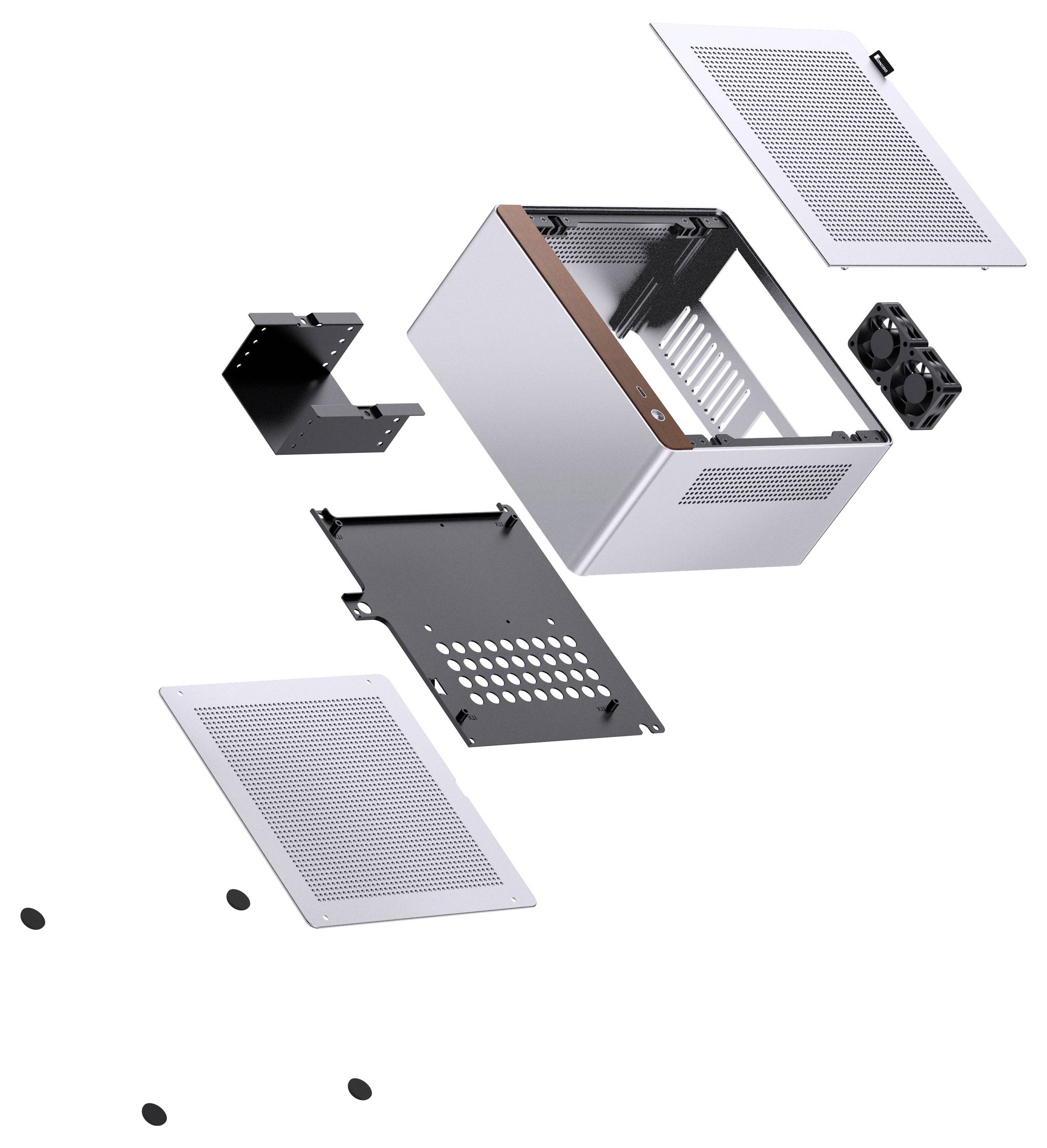 Exploded view of a computer case showing parts like panels, fan, and brackets, illustrating assembly components and structure.