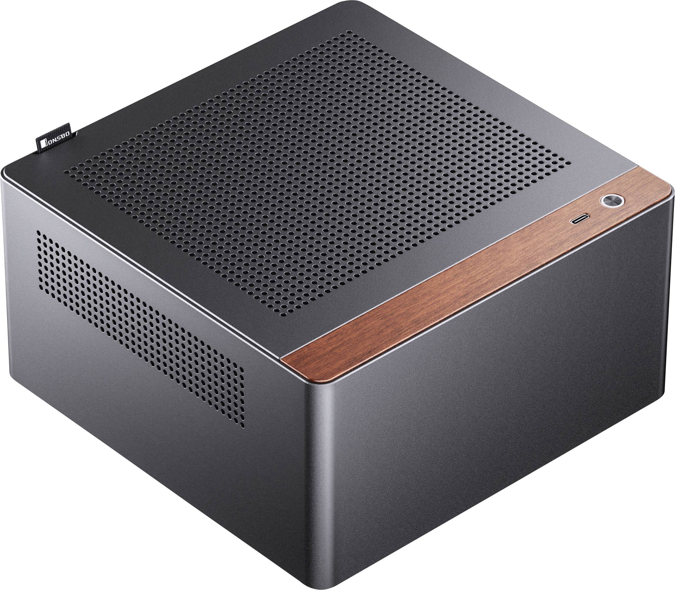 A sleek, black computer case with a wood-textured accent and venting holes on the top and sides, featuring a minimalistic design.