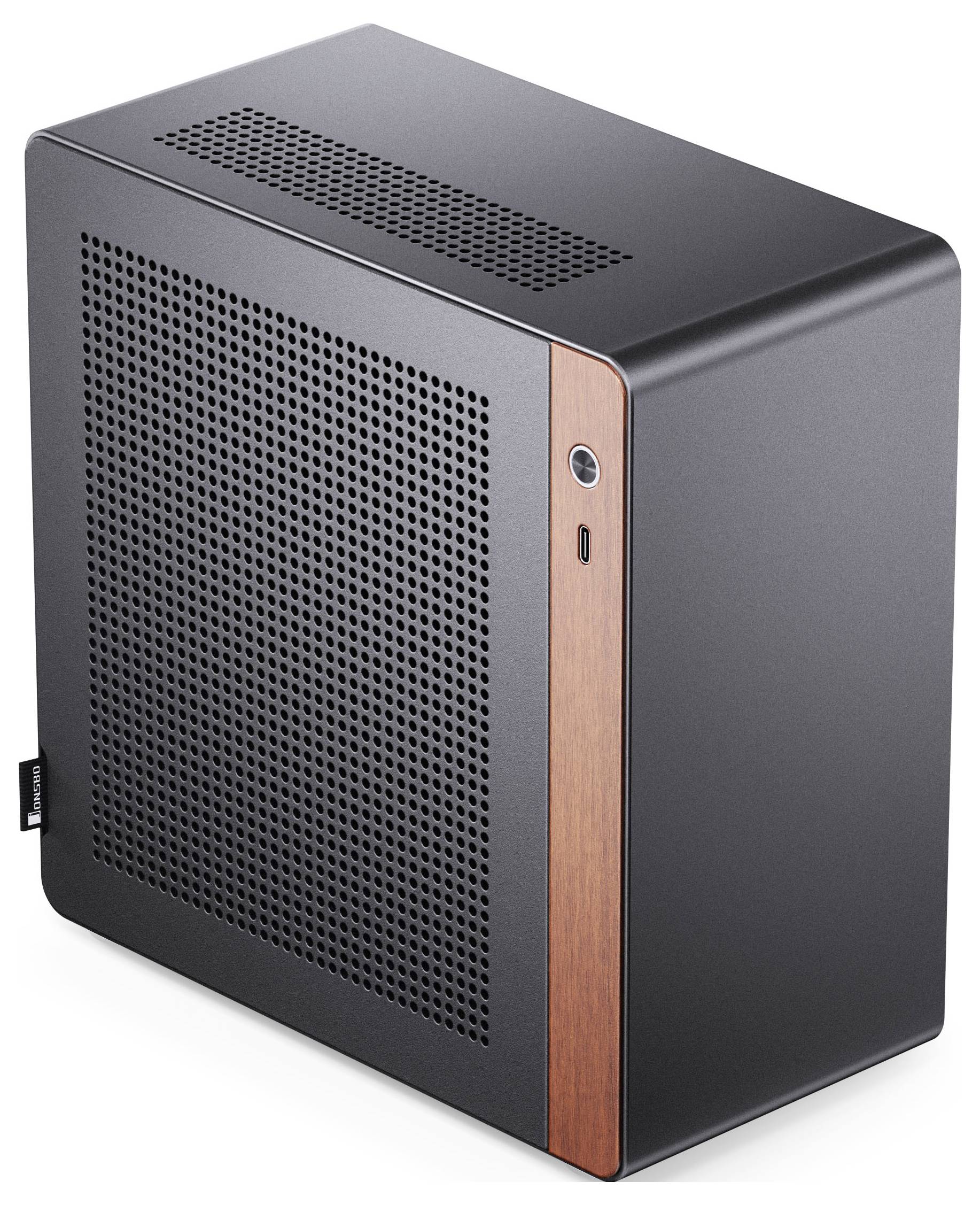 A sleek, black computer case with a perforated side panel and a wooden accent on the front, emphasizing a modern and minimalist design.