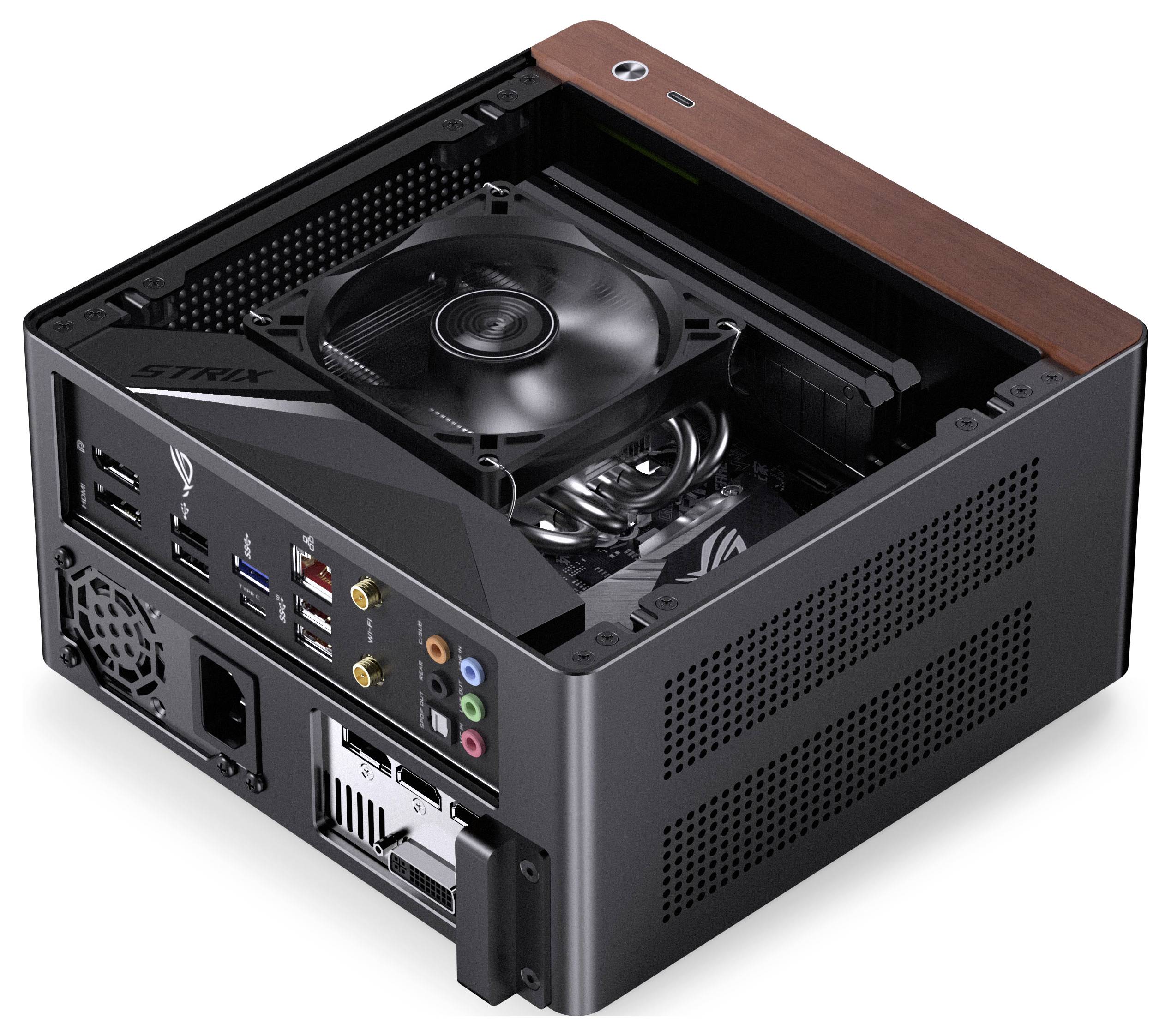 A compact, open-top computer case with visible internal components including a cooling fan, various ports, and a wood-textured top edge.