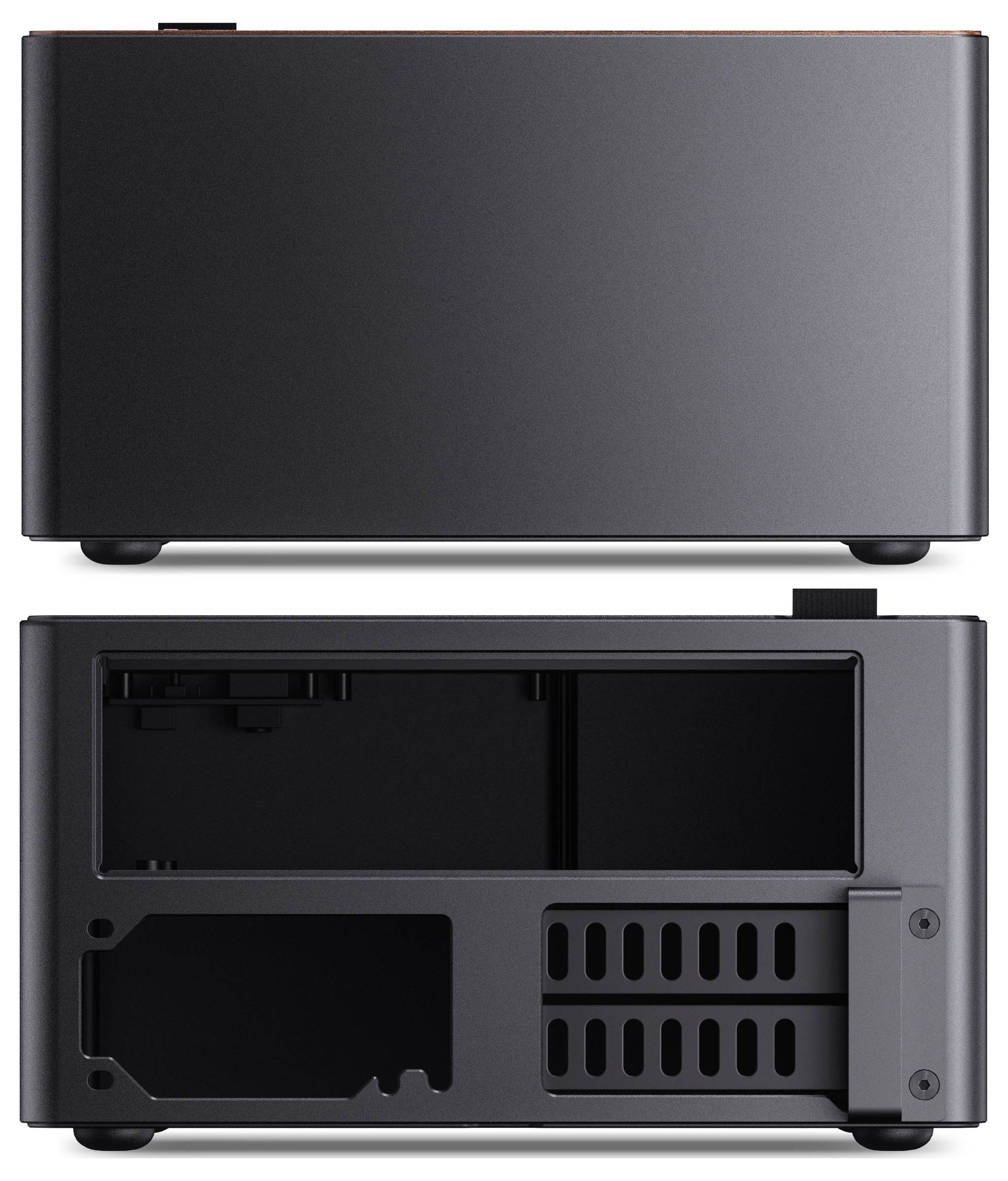 A compact, matte black computer case shown from the front and an open back view, highlighting its minimalistic design and internal slots.
