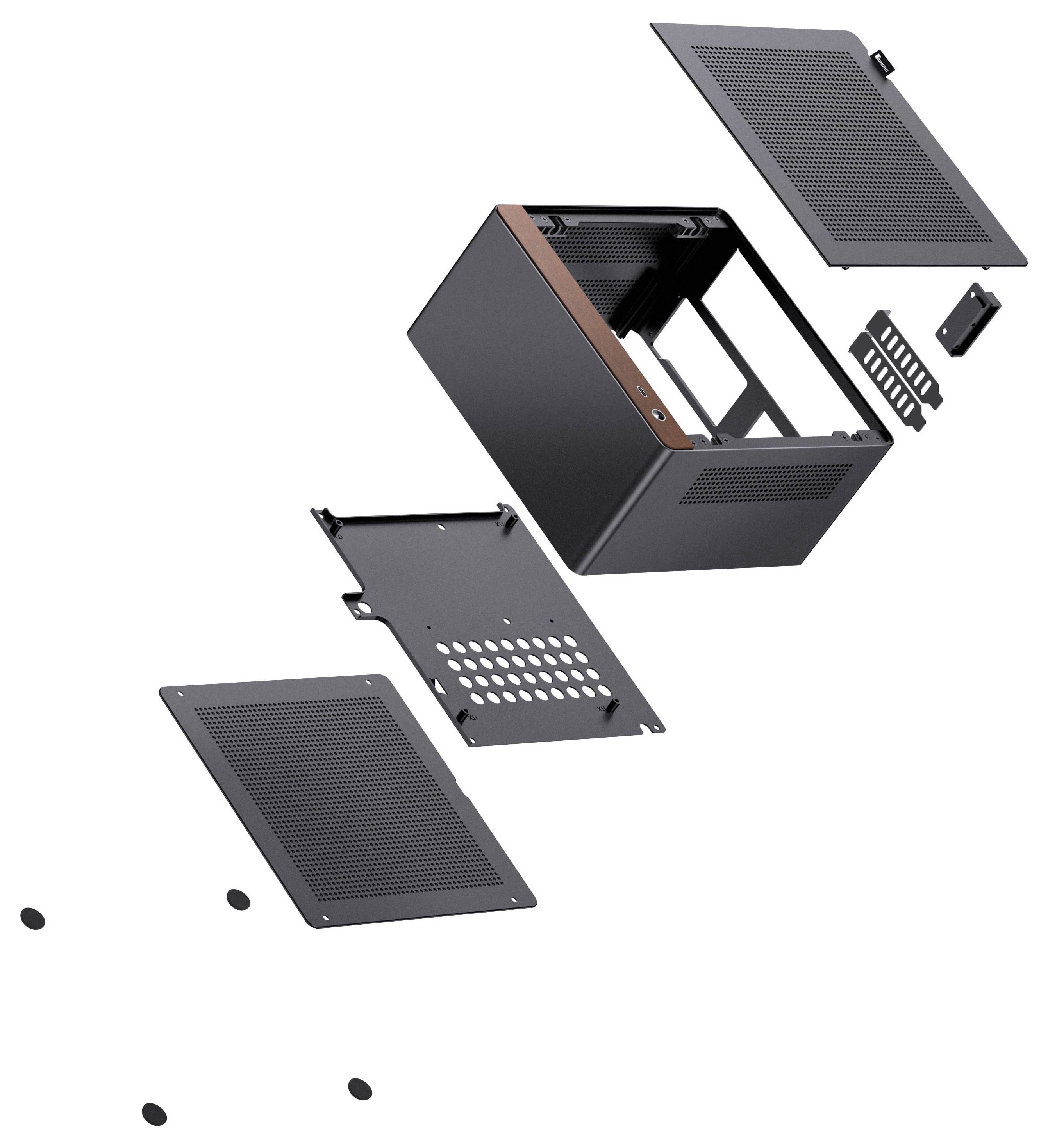 Exploded view of a computer case showing the top, side panels, and internal frame, illustrating assembly parts and layout.
