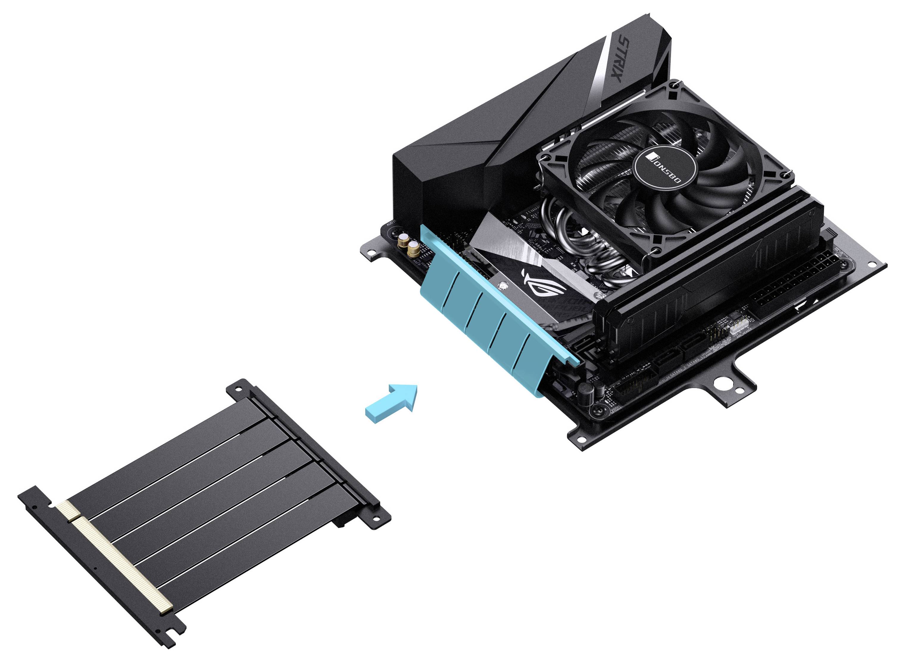 A computer motherboard with an attached cooling system, showing a blue slot and an arrow pointing towards a disassembled PCIe riser card.