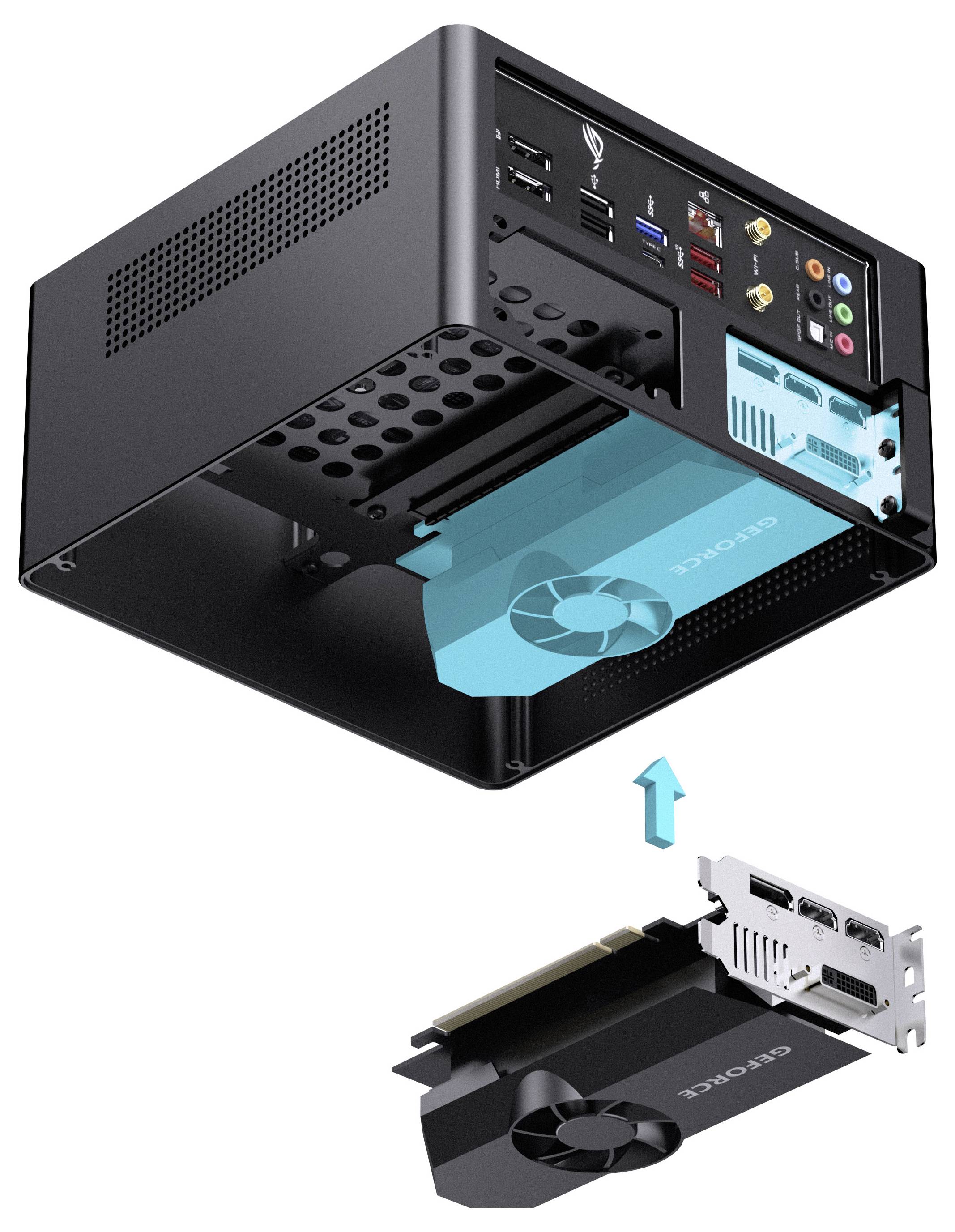 A black computer case is shown with a graphics card partially inserted, indicating installation. The graphics card is labeled 'GeForce.'