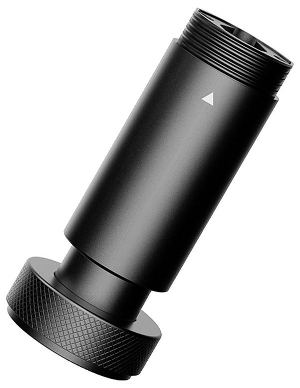 A black cylindrical metal object with a textured knob at the base, possibly a component or accessory, featuring an arrow symbol.
