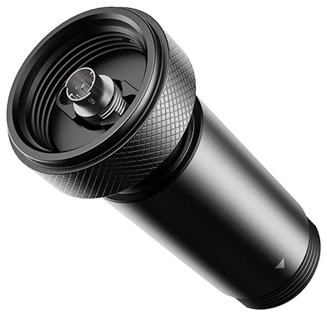 A sleek, black cylindrical device with a textured grip, resembling a flashlight with a lens assembly, likely technical equipment.