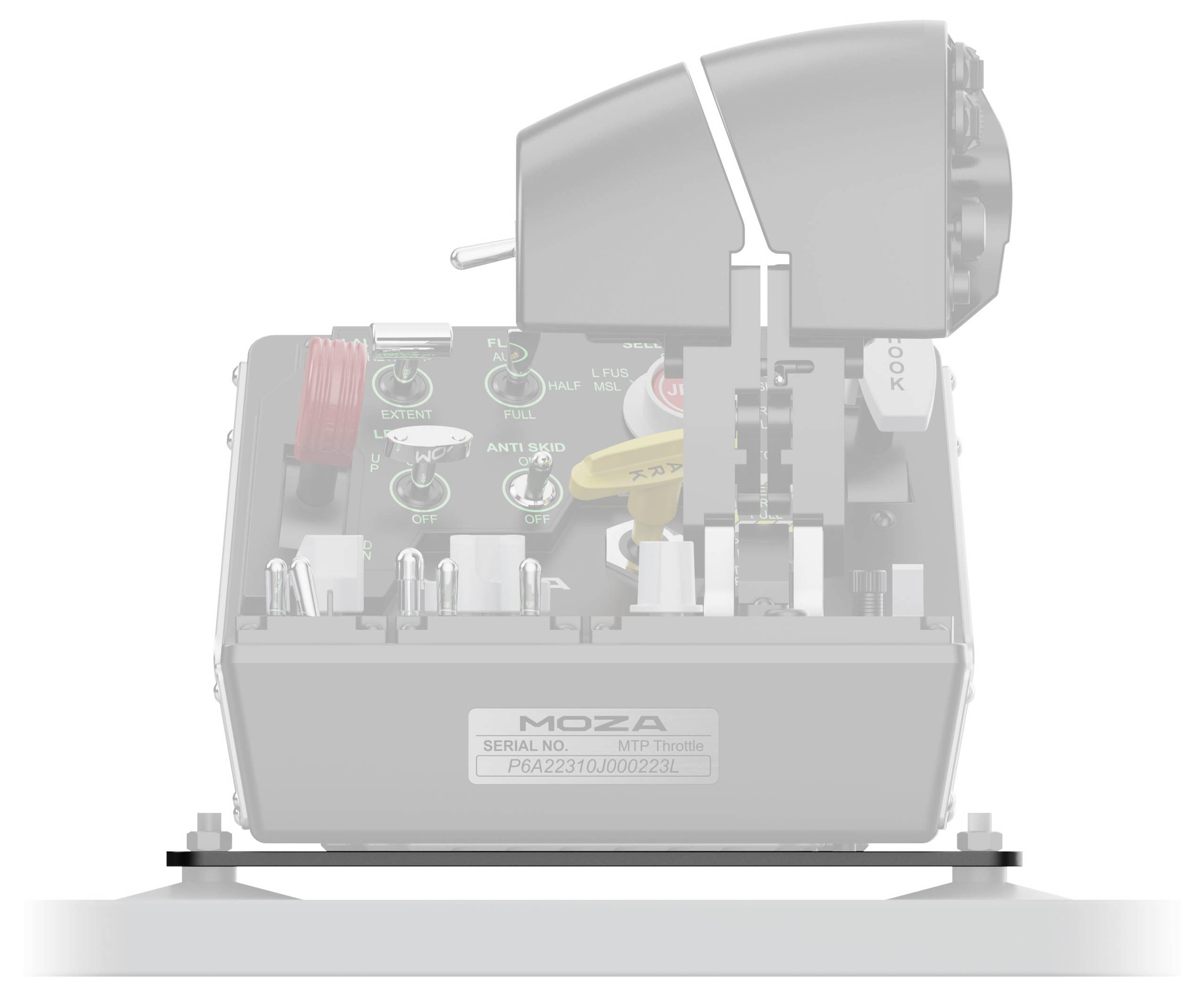 A partially transparent throttle quadrant with visible internal components such as switches, knobs, and circuit elements labeled 'MOZA'.