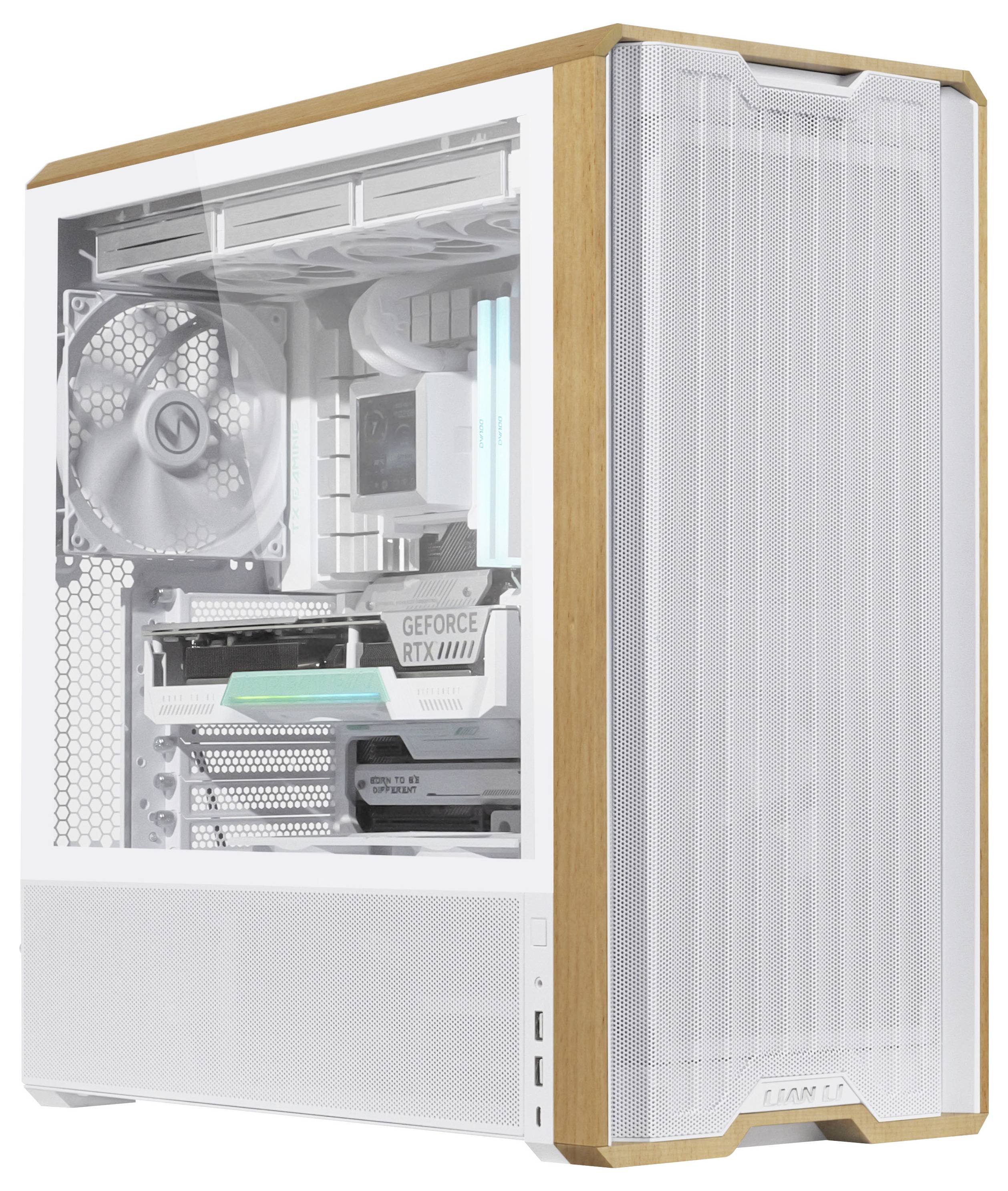 A transparent computer tower with visible internal components, including a graphics card labeled 'GeForce RTX', cooling fans, and illuminated motherboard sections.