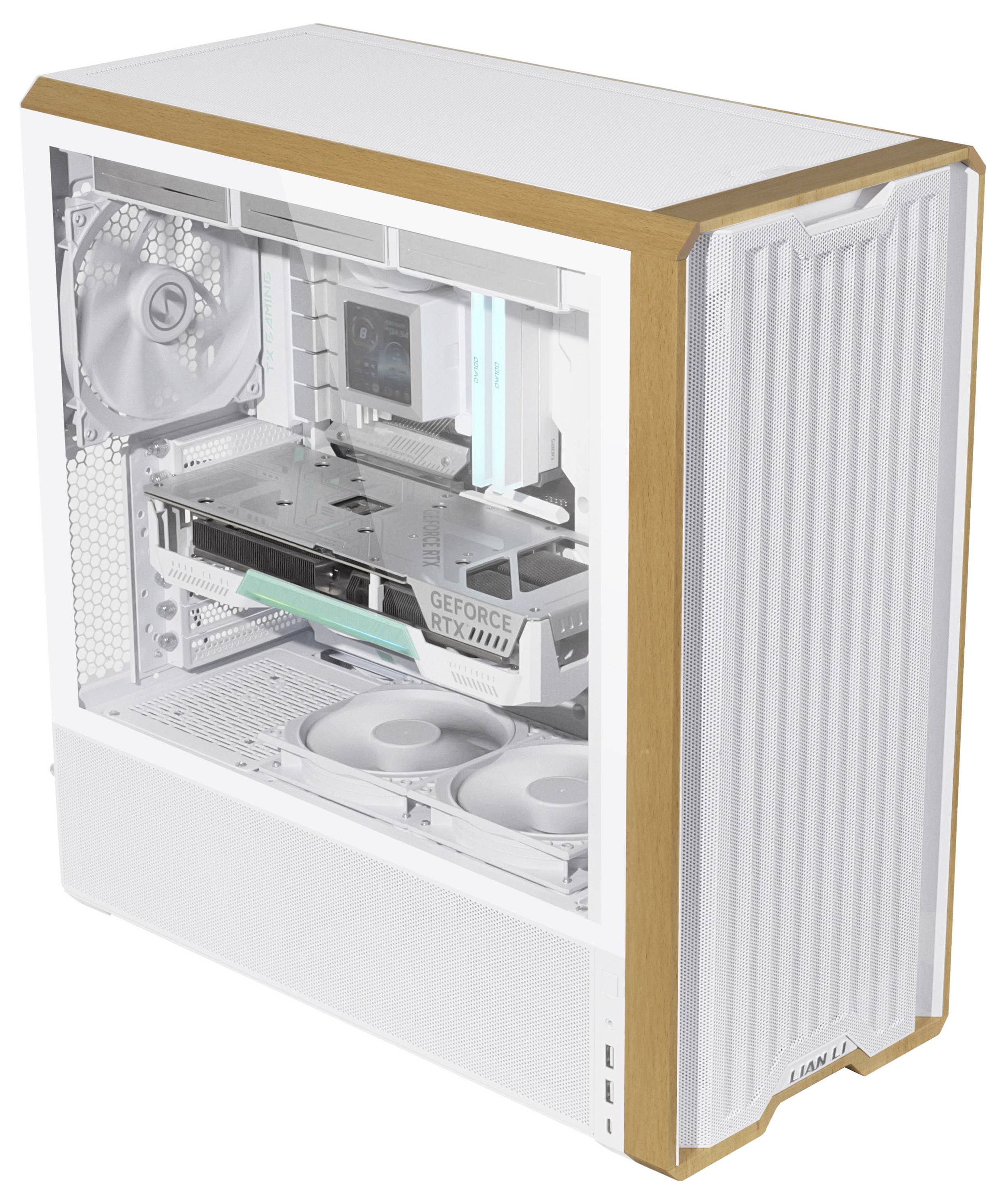 A white computer tower with transparent side panel showing internal components, including graphics card and cooling fans.