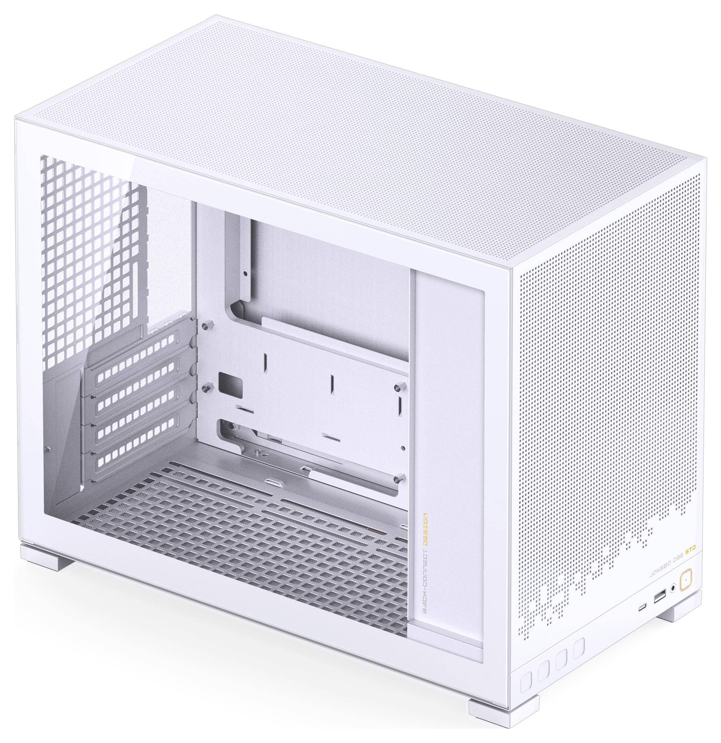 Computer case in white with a mesh design, showcasing an empty interior for components, several expansion slots, and front panel ports.