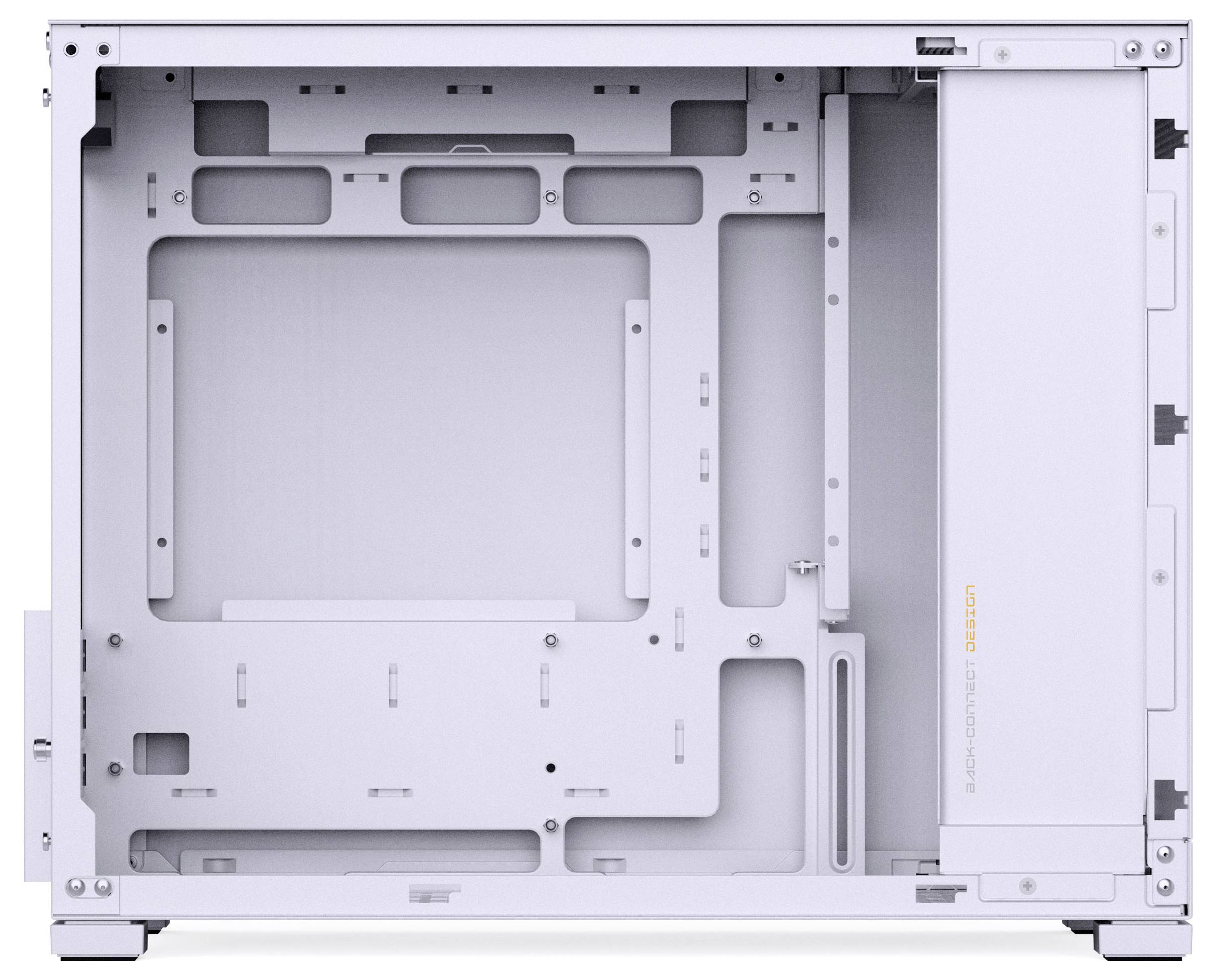 An empty white PC case interior with mounting slots for components, cable management features, and an open space for airflow.