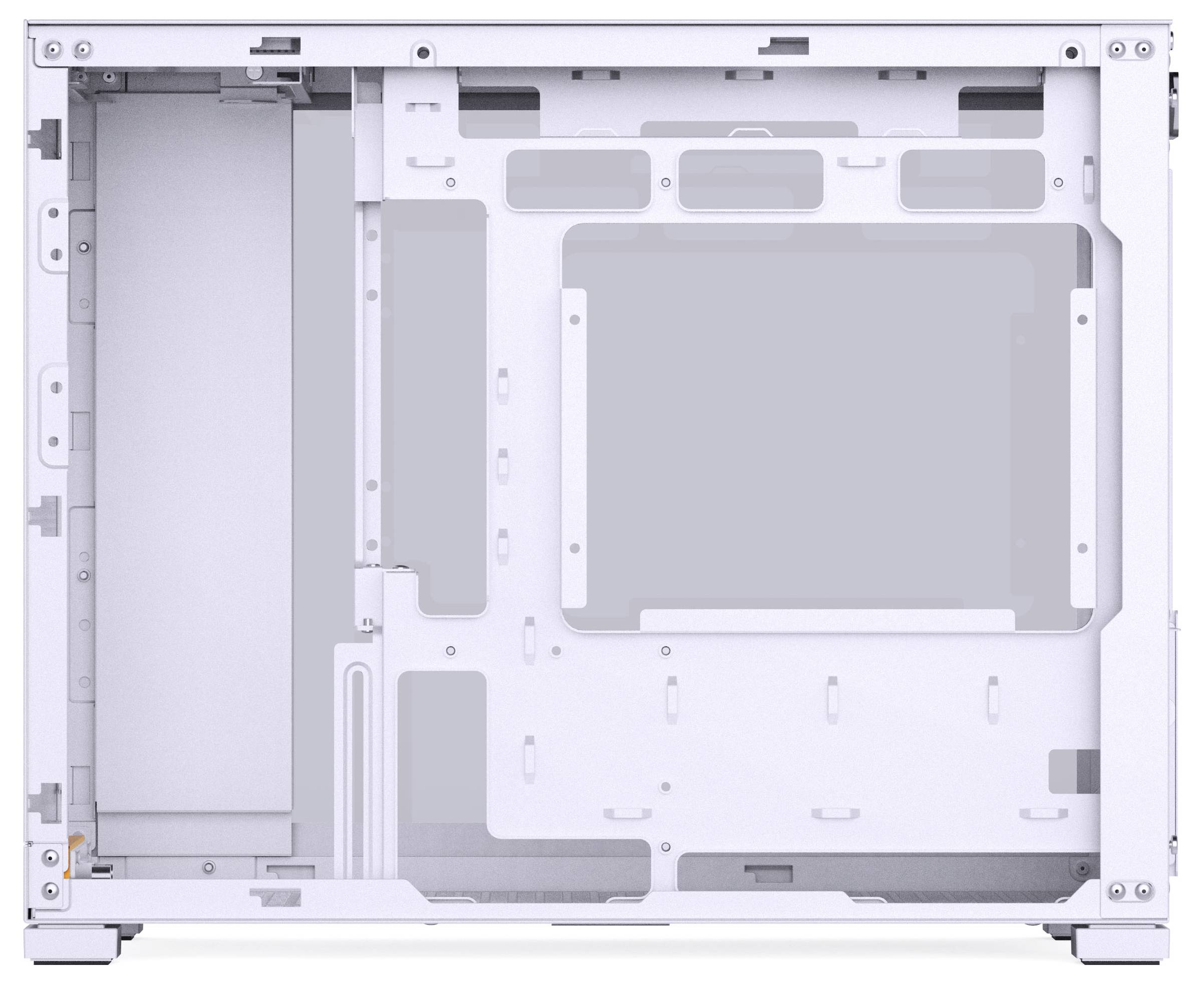 Empty white computer case with visible mounting points for motherboard, storage, and cooling components. Minimalist design.